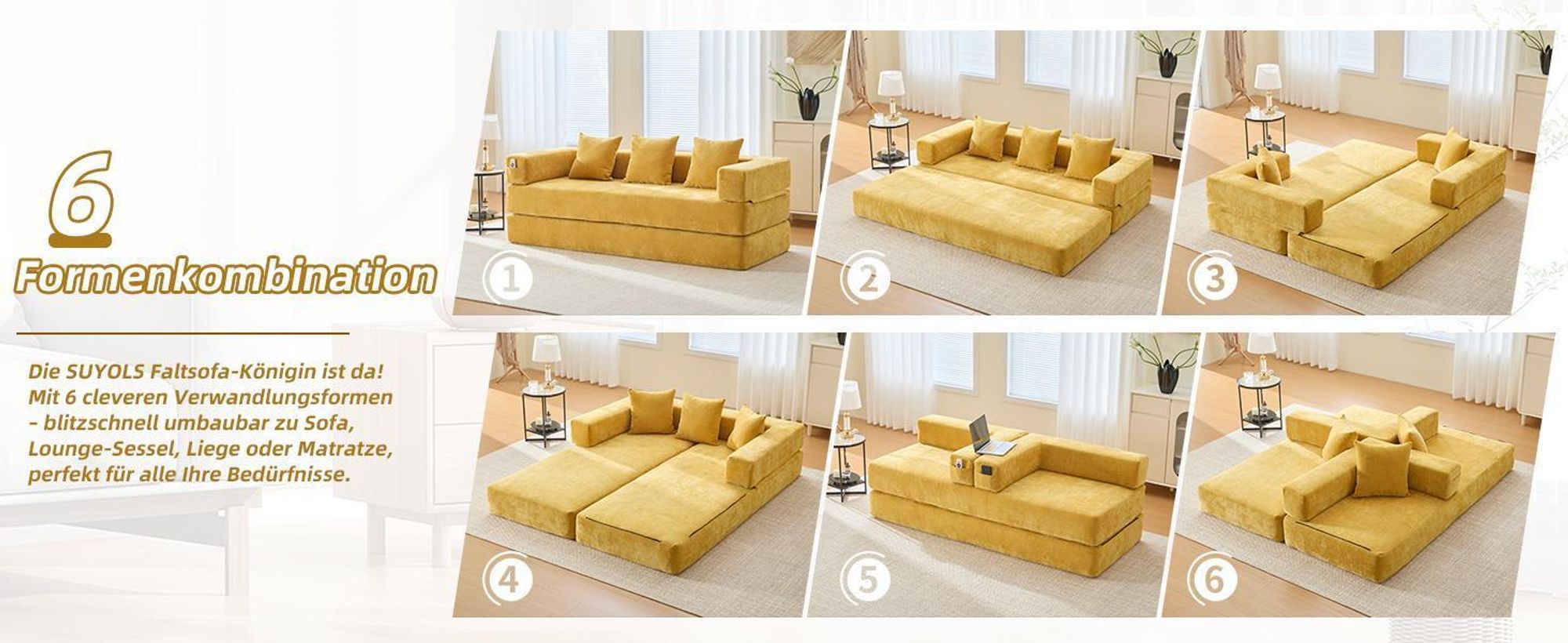 LVHOM Modulares Schlafsofa aus Chenille, Klappbares Bodensofa mit Seitentasche, Polstersofa Klappsofa Bettcouch 198x79/159cm, Beige
