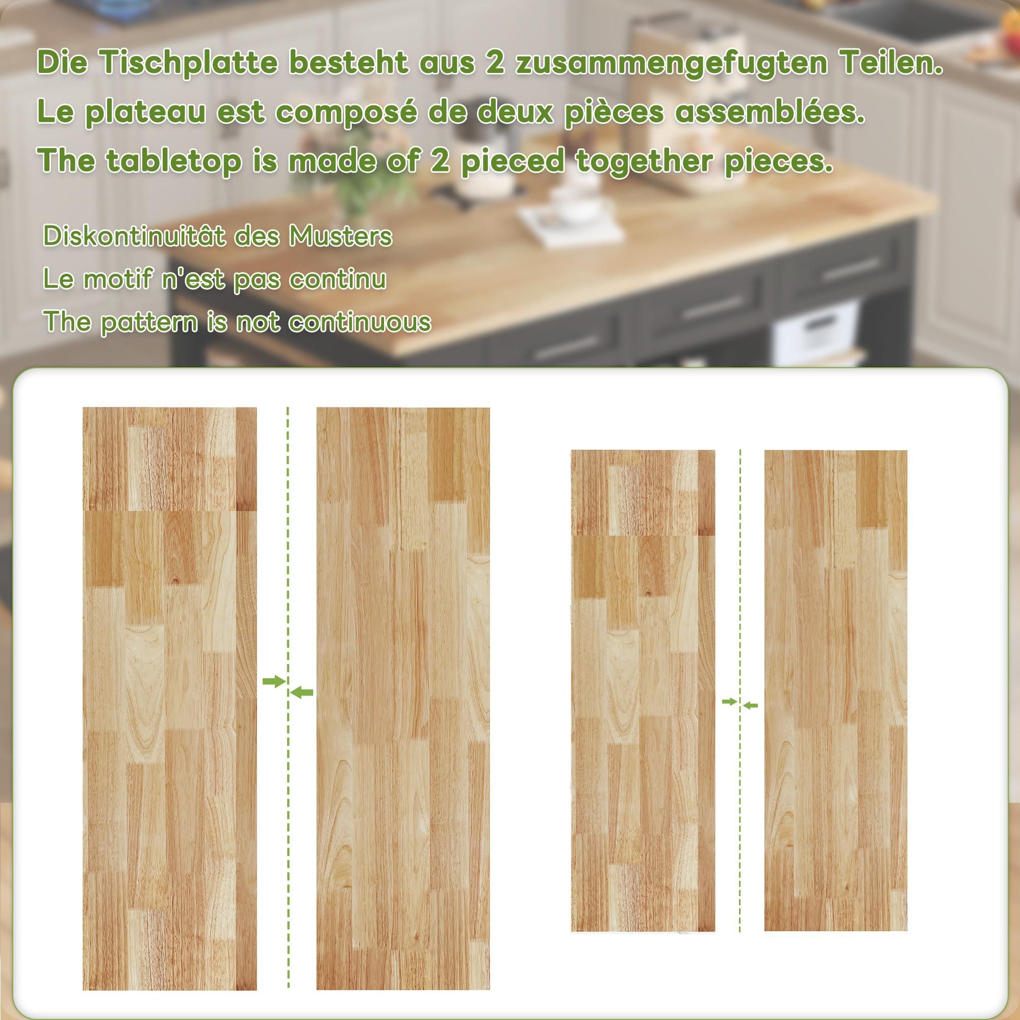 Flieks Kücheninsel mit ausziehbarer Esstisch, Holzarbeitsplatte, Küchenschrank mit viel Stauraum, Naturbelassen
