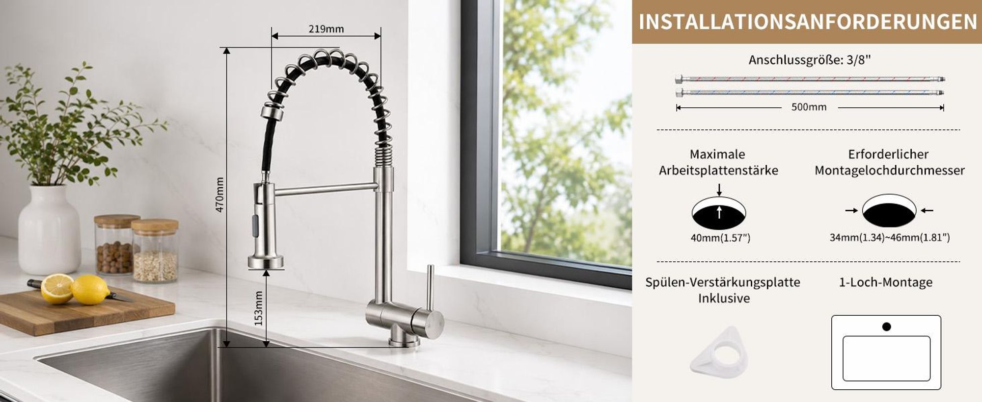 Homelody Vorfenster Küchenarmatur 90° Faltbar 360° Drehbare Hochdruck Edelstahl 304 Wasserhahn Küche mit Brause Ausziehbar 2 Strahlarten Gebürstet