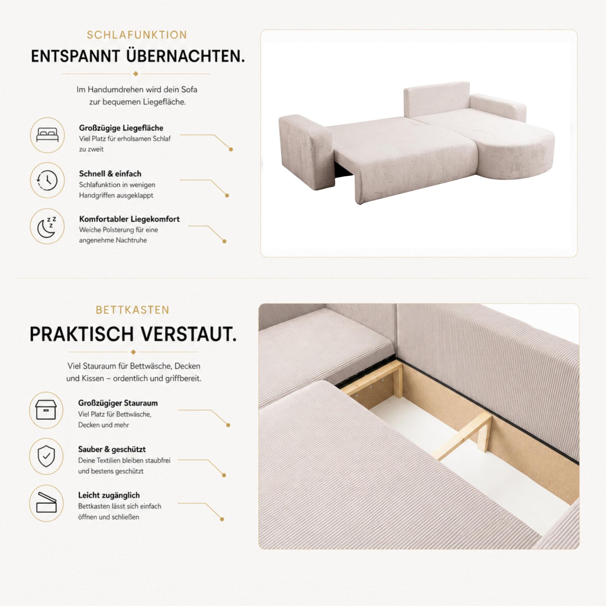 VENASI TOKIO Ecksofa mit Schlaffunktion und Bettkasten aus Cord – Schlafsofa Eckcouch Sofa Braun