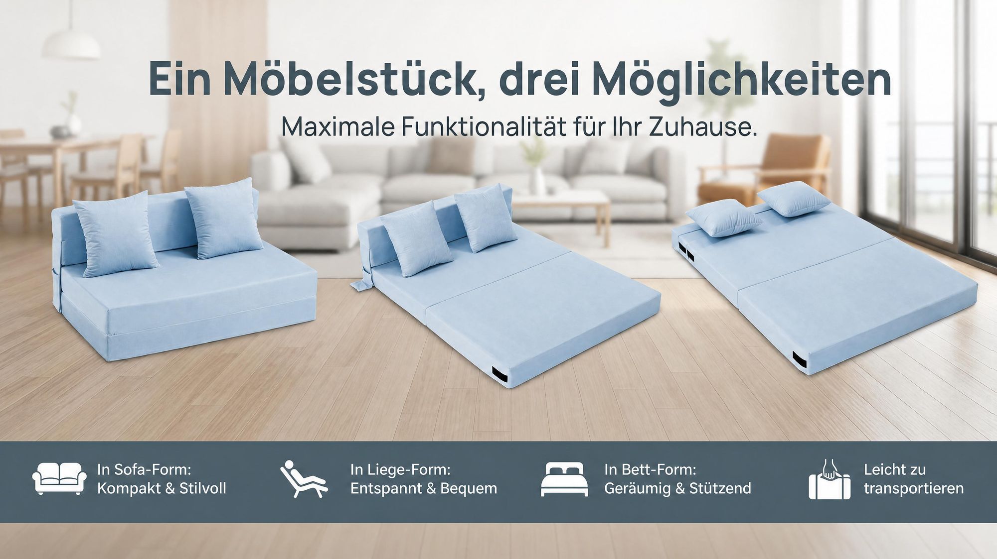 Bodensofa mit schlaffunktion, Klappbar Schlafsofas, 3-in-1, mit 2 Kissen, Seitentaschen, ohne Montage, 140x200 cm, für zwei, waschbarer Bezug, Blau
