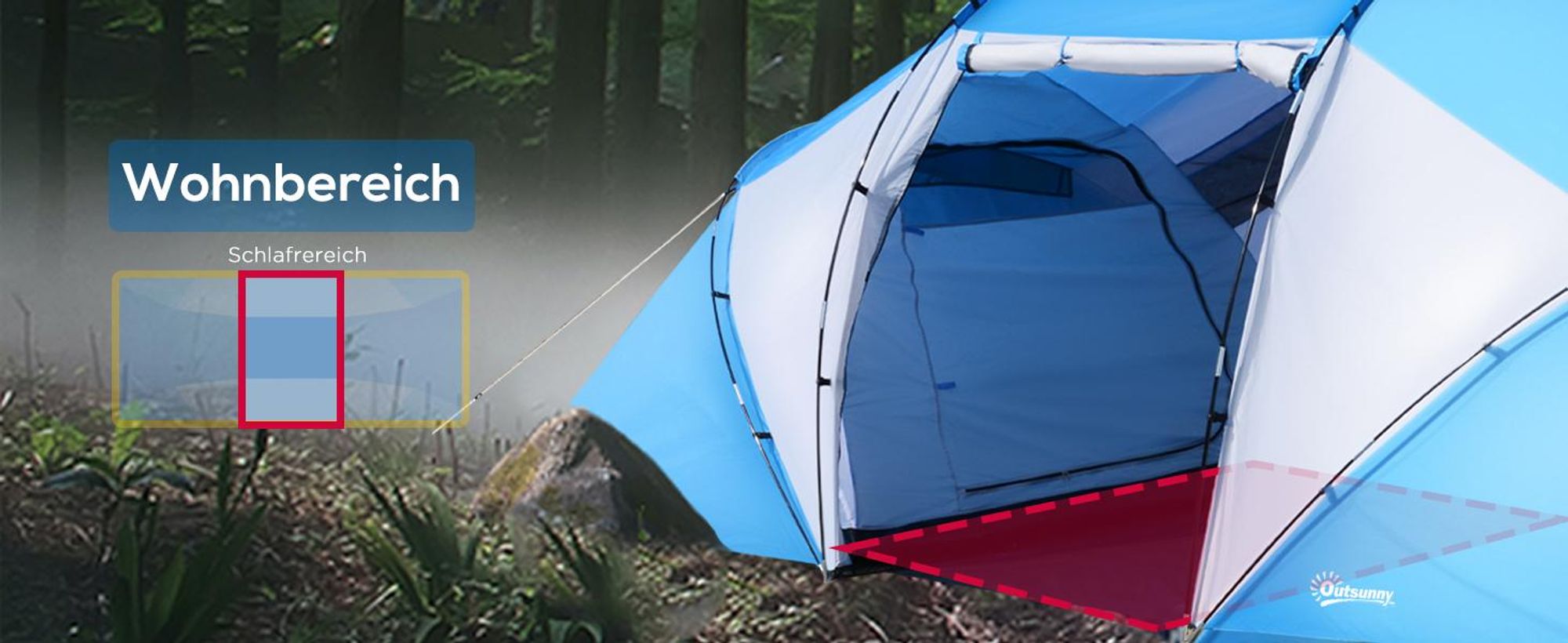 Outsunny Campingzelt Familienzelt mit 2 Schlafkabinen 4 Personen Blau