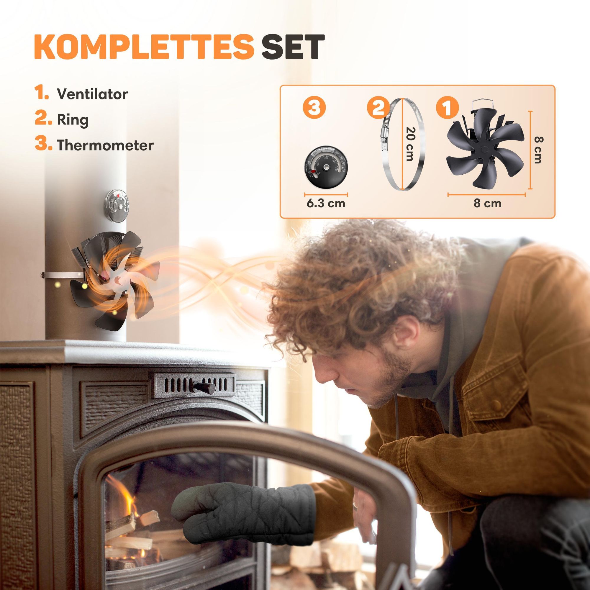 Vulpes Goods Heizungsventilator | Ventilator für Holzofen In freistehendem Design | Kaminventilator - schnelleres Aufheizen des Raumes / 6 Blätter