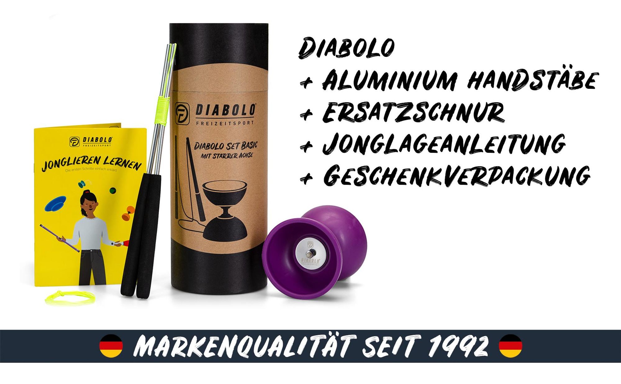 Diabolo Freizeit  Satz Basic mit Kugellagerachse | LED in turkis Lila farbe|Set mit robuster Konstruktion für Anfänger und Fortgeschrittene |