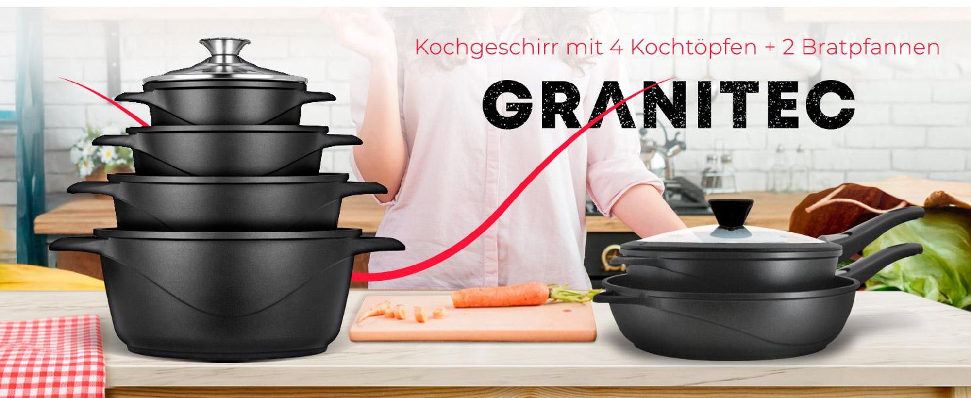 Briebe MGK1219 Kochtopf Set Induktions 12-Teilig Aluminiumguss 4 Kochtöpfen 2 Bratpfanne Schwarz