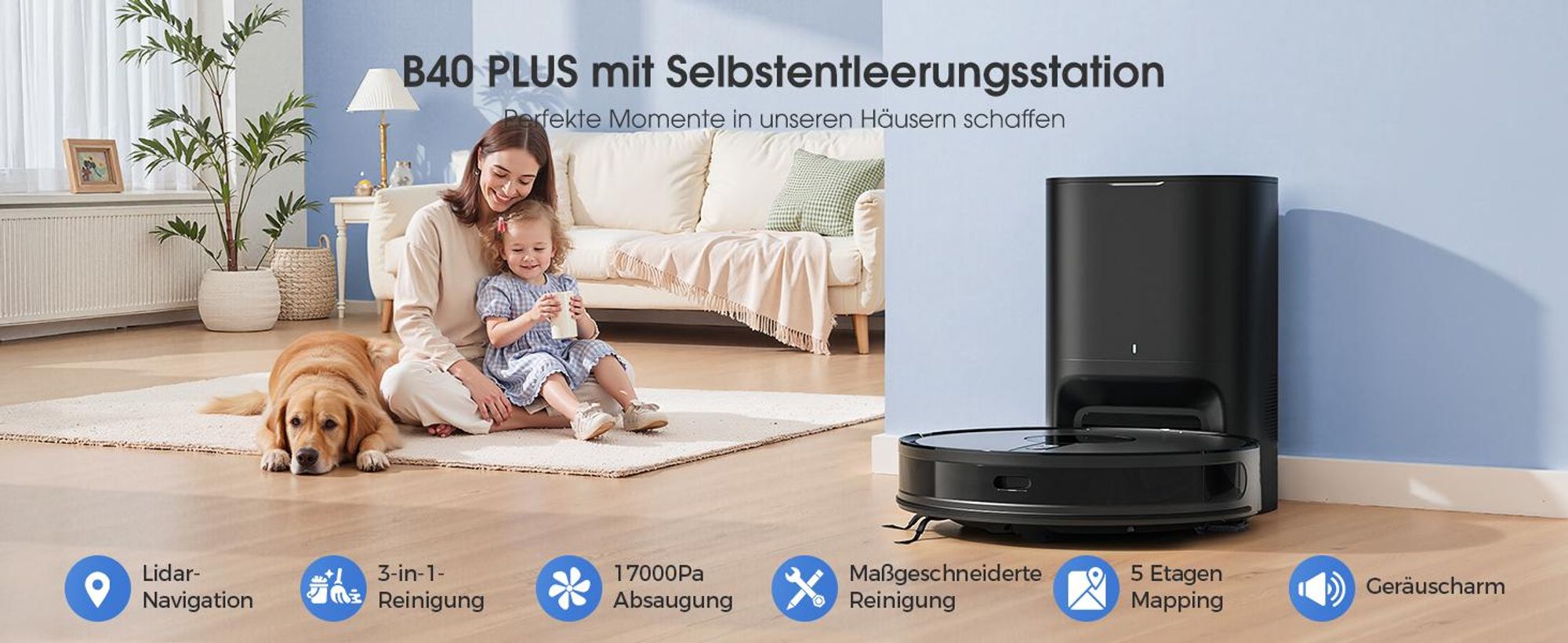 Lubluelu B40 Plus Staubsauger Roboter, 17000Pa Saugkraft, 20S Selbstentleerung, 3-in-1 Saugen & Wischen, Automatische Aufladung, Ideal für Tierhaare