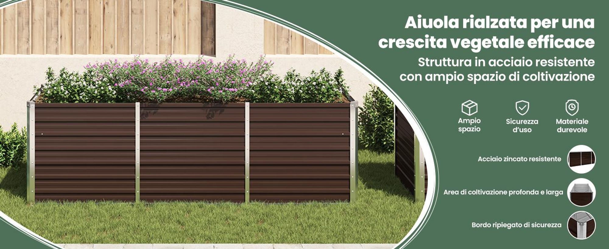 Letto da giardino rialzato Marrone 240 x 80 x 77 cm Acciaio zincato