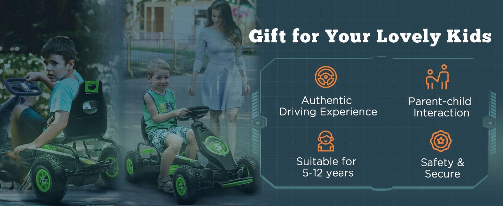 HOMCOM Gokart, pojazd dla dzieci z pedałami, samochód na pedały, do użytku na zewnątrz, zielono-czarny