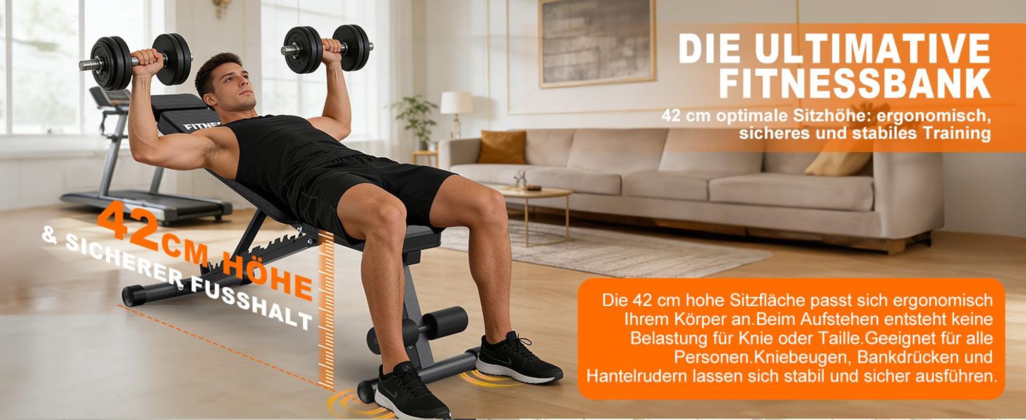 VOWVIT Hantelbank 10 Lehnpositionen (90°–205°), klappbar, mit verlängerter Kopfstütze