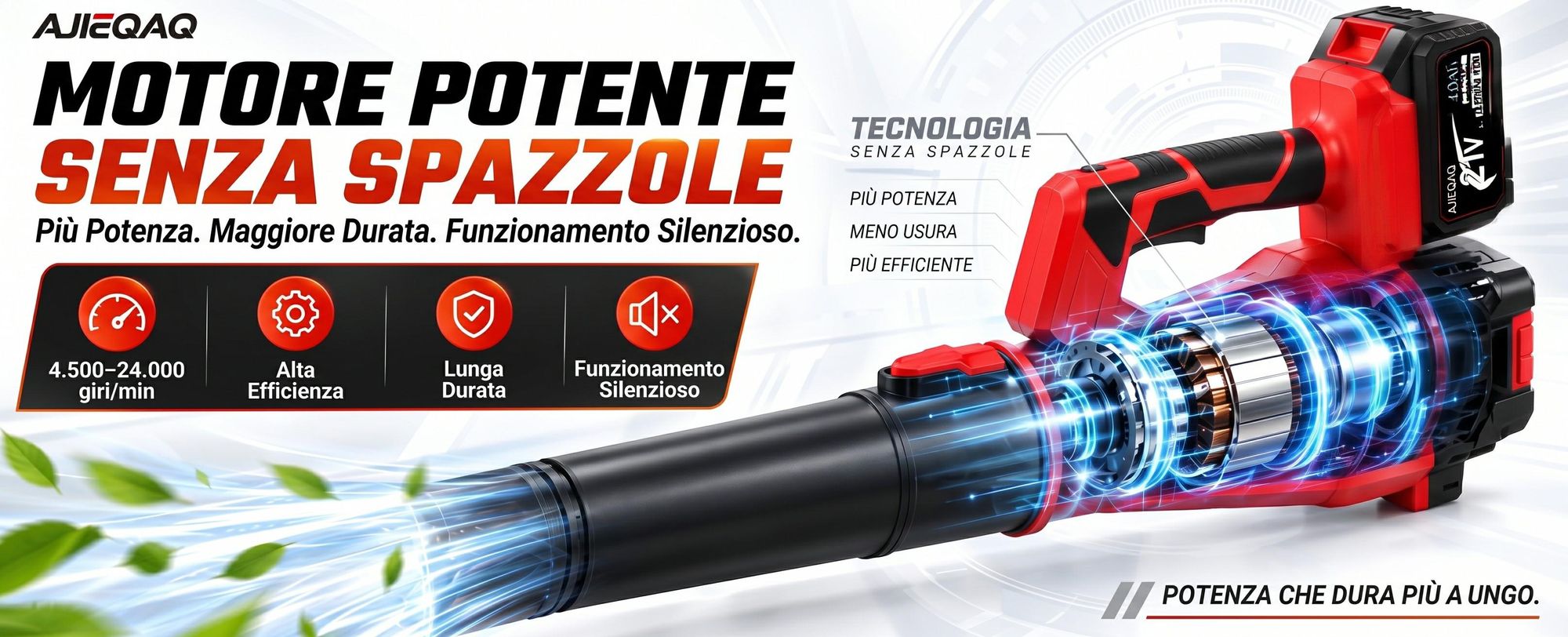 Soffiatore a Batteria 21V Brushless, 2×4,0Ah Batterie, 320 km/h, 6 Velocità con Turbo, 1000W, Soffiatore Senza Fili con 2 Tubi