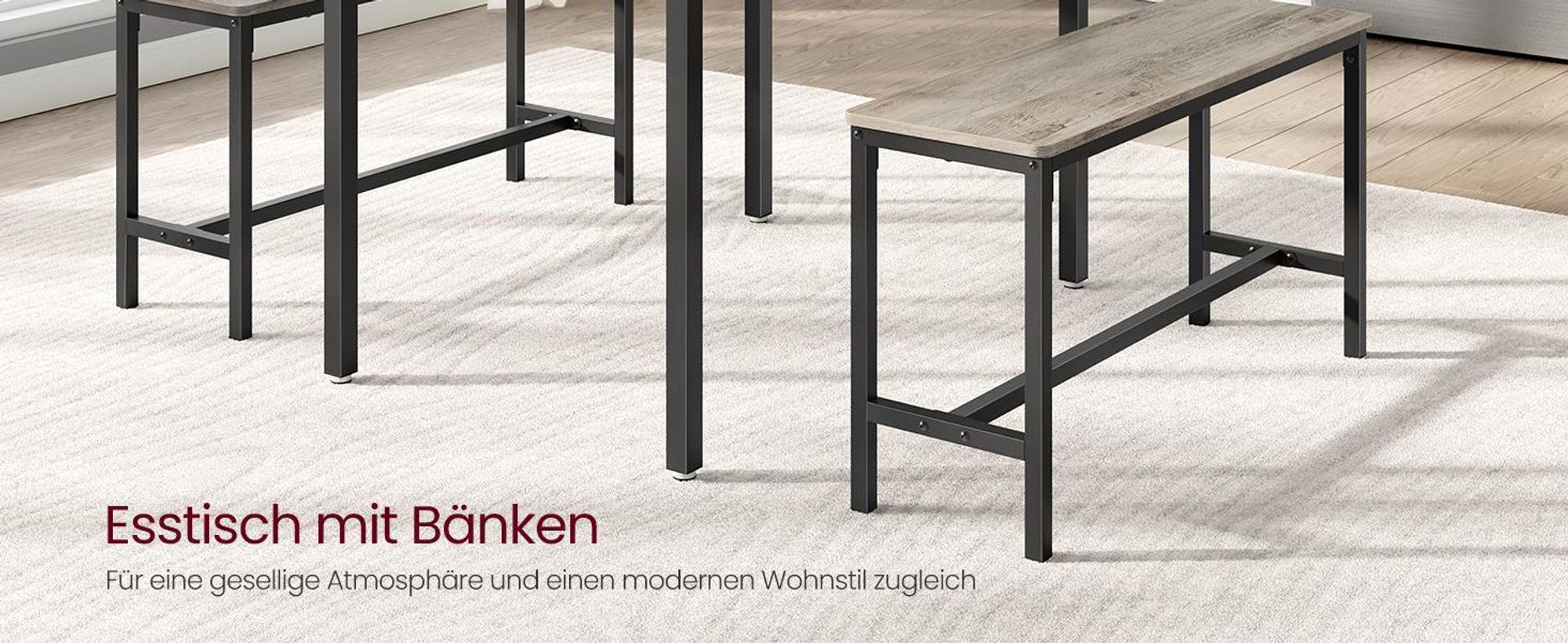 VASAGLE Esstisch, Küchentisch-Set mit 2 Bänken, 3er-Set, 110 x 70 x 75 cm, Greige meliert-Tintenschwarz