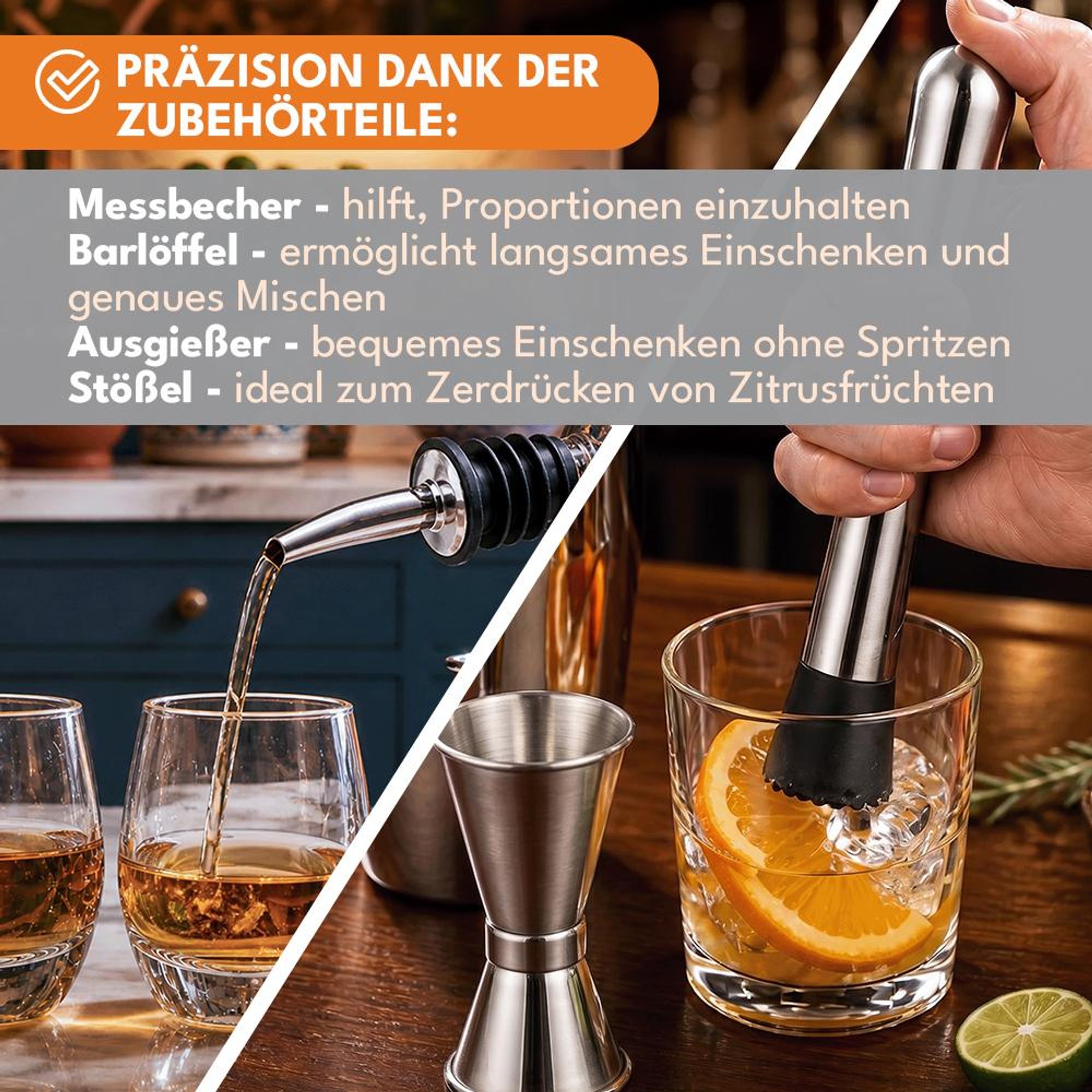 KRUMAD Cocktail Shaker Set 6-teilig, Edelstahl Barset 750 ml mit Messbecher, Barlöffel und Muddler, Cocktail Zubehör für Home Bar