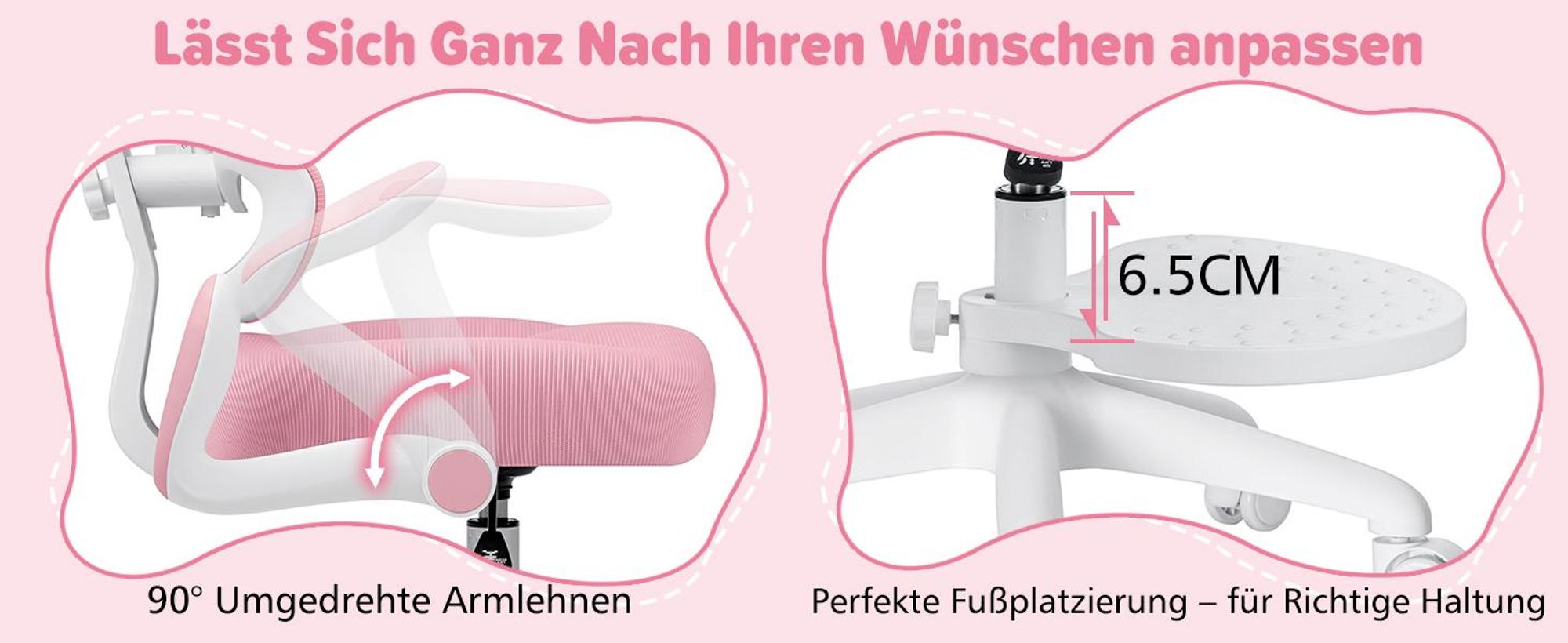 HOFFREE Ergonomischer Schreibtischstuhl für Kinder - mit verstellbarer Rückenlehne, sattelförmigem Sitzpolster, um 90° hochklappbaren Armlehnen, Pink