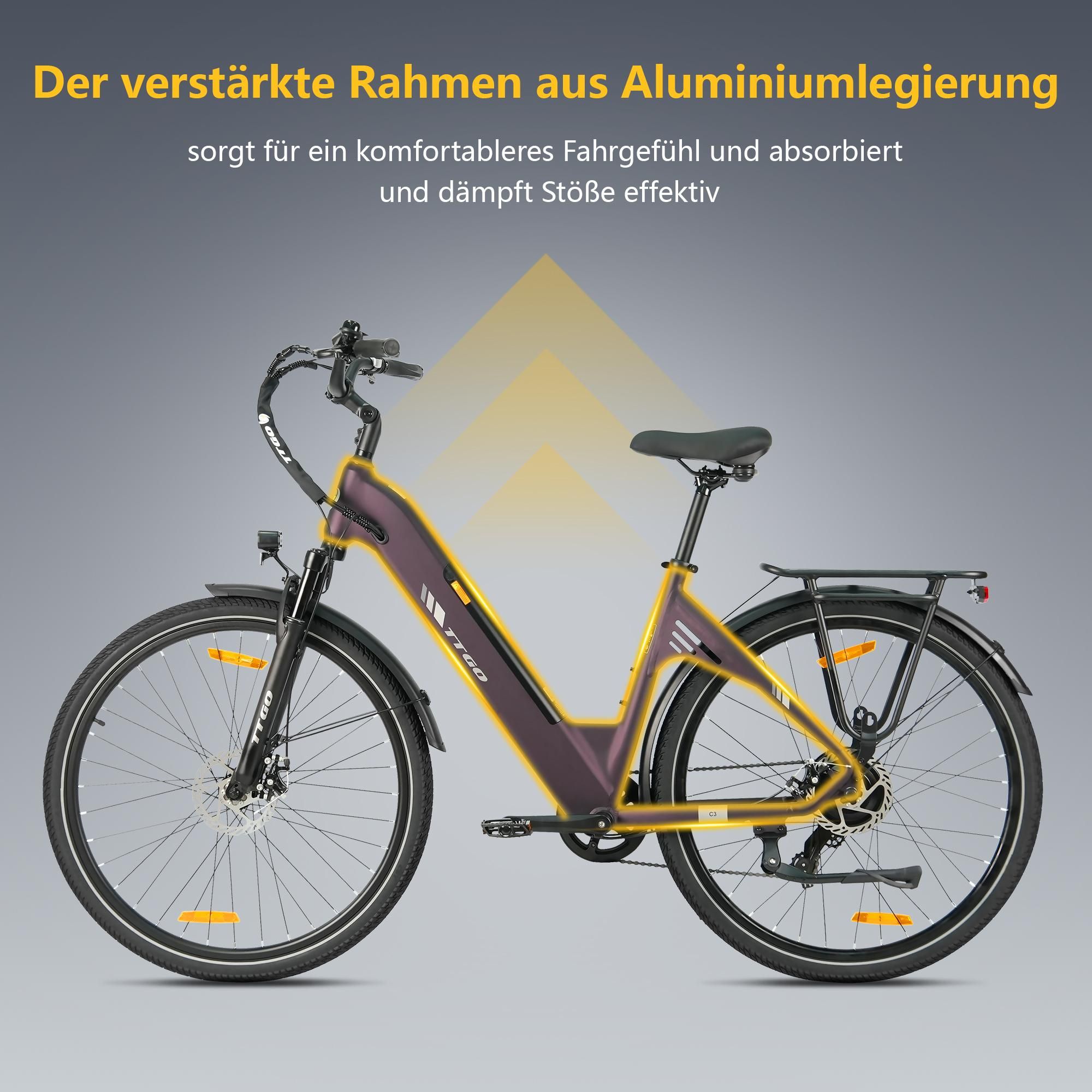 28'' 18Ah Pre-mium Elektrofahrrad E-Bike Pedelec 7Gang E-MTB E-Citybike, Elektrofahrrad 25KM/H für Damen und Herren ab 170 cm Wasserdicht dunkellila