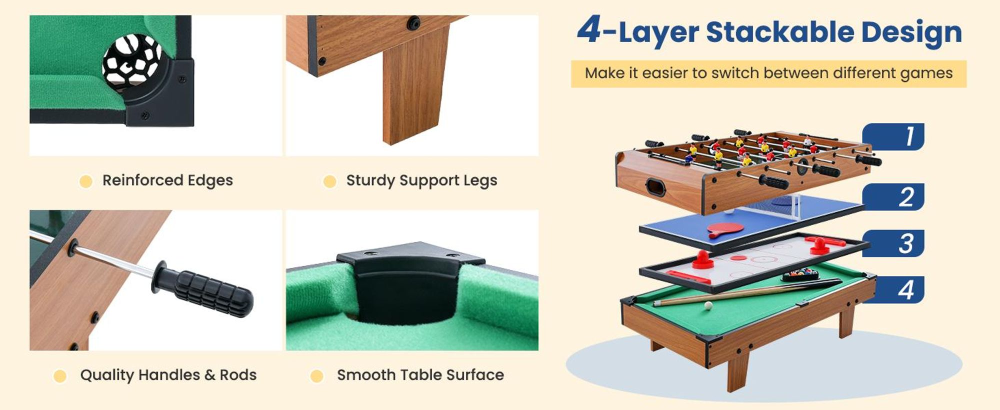 COSTWAY 4 in 1 Spieltisch, Billardtisch & Tischtennistisch & Air Hockeytisch & Tischkicker, Multifunktionsspieltisch aus Holz, für Kinder & Erwachsene