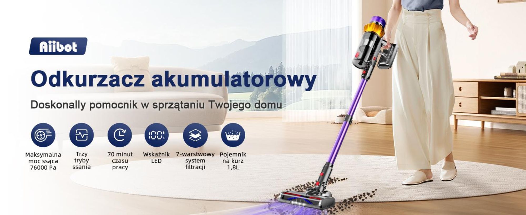 Odkurzacz bezprzewodowy Aiibot 8w1 76000Pa 600W 70Min, inteligentny wyświetlacz, szczotka antysplątaniowa, 3 prędkości, 1.8L pojemnik na kurz