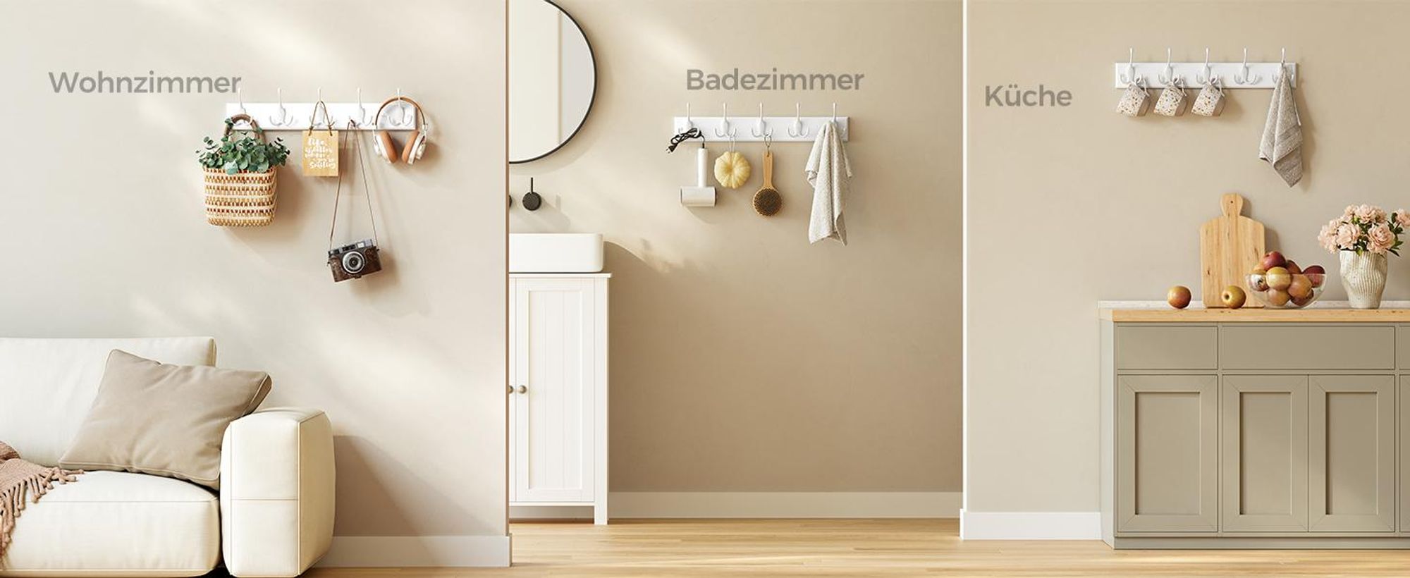 SONGMICS Wandgarderobe, 5 Dreifach-Kleiderhaken, Hakenleiste, Garderobenhaken, Mäntel, Jacken, Hüte, Taschen, Flur, Schlafzimmer, Badezimmer, weiß