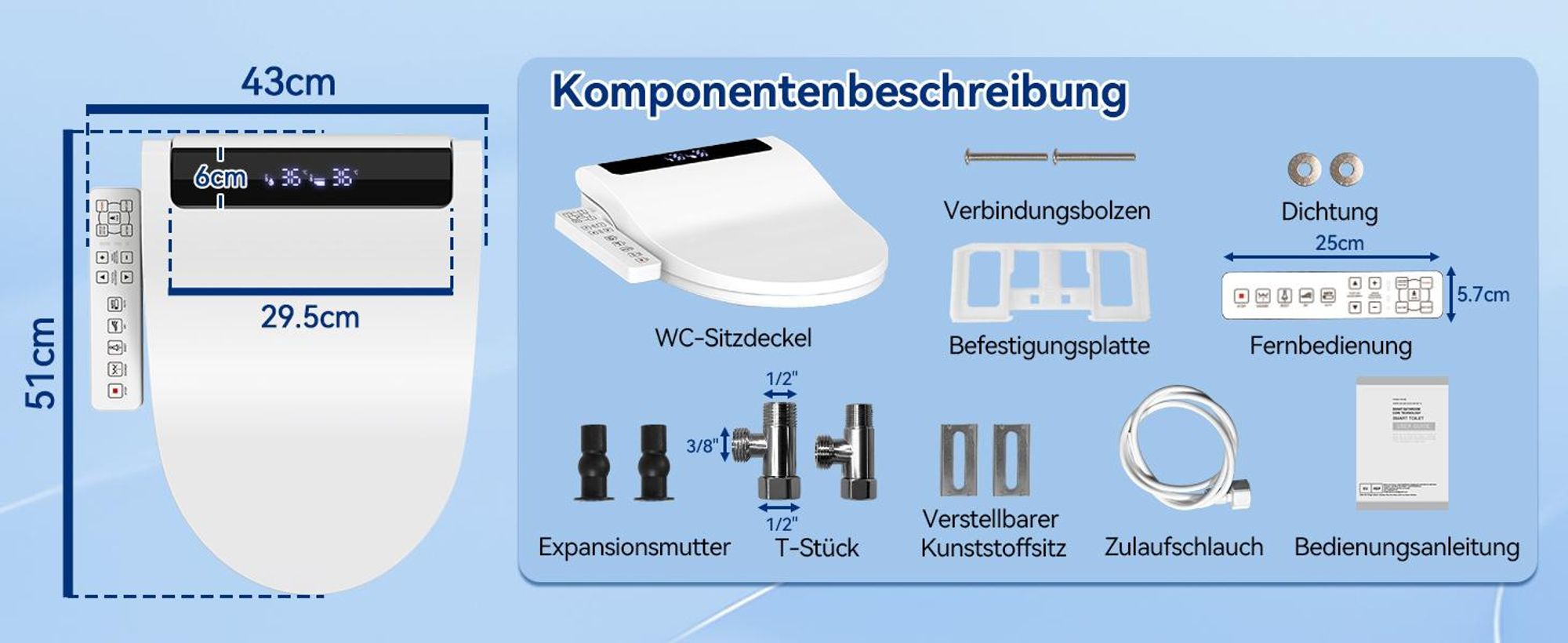 Puluomis Intelligenter Toilettensitz mit Warmwasser, Warmluft, Heizsitz, Duschfunktion, Trocknung, 4-Temperaturstufen, LCD-Display, Nachtlicht lang