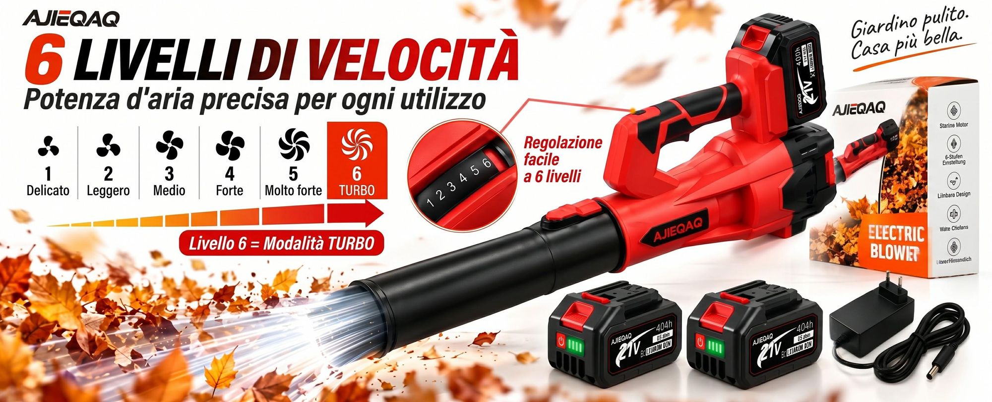Soffiatore a Batteria 21V Brushless, 2×4,0Ah Batterie, 320 km/h, 6 Velocità con Turbo, 1000W, Soffiatore Senza Fili con 2 Tubi