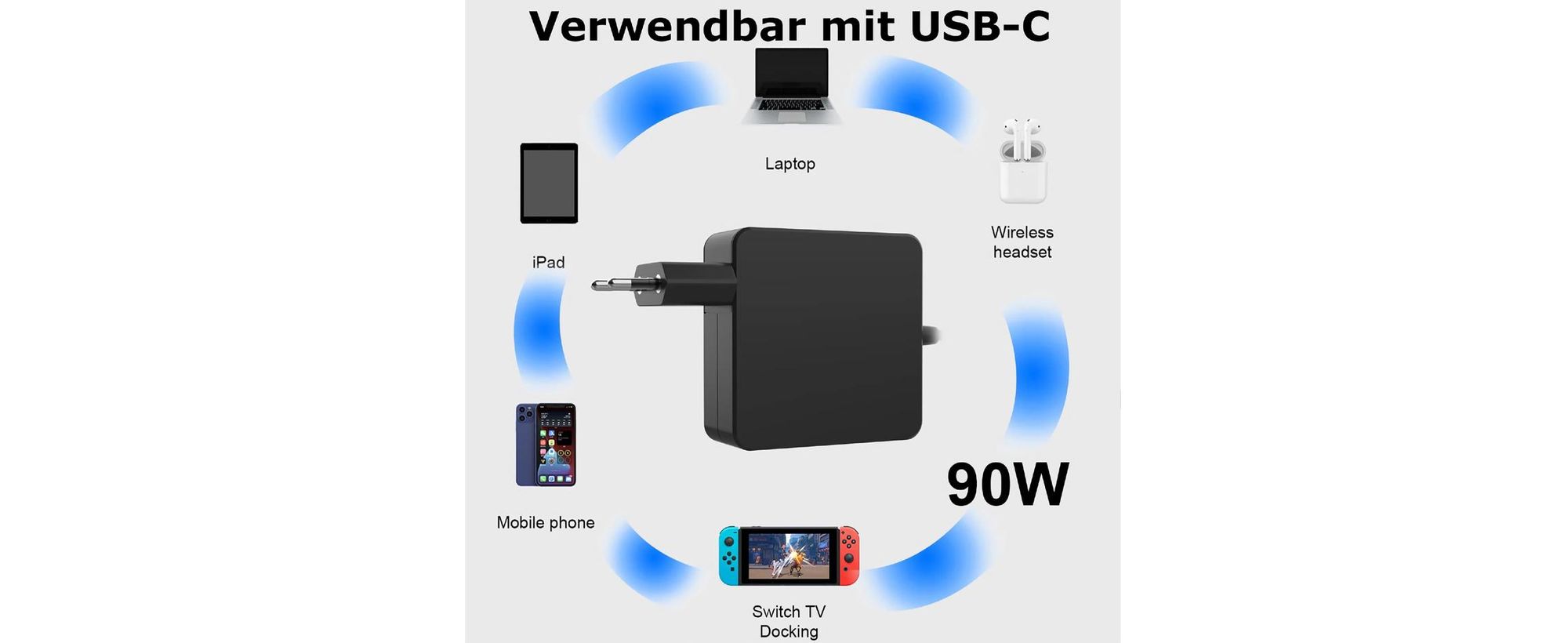 B28C 90W USB-C Netzteil – PD Schnellladegerät für Laptop & Notebook, DC 5V / 9V / 12V / 15V / 20V