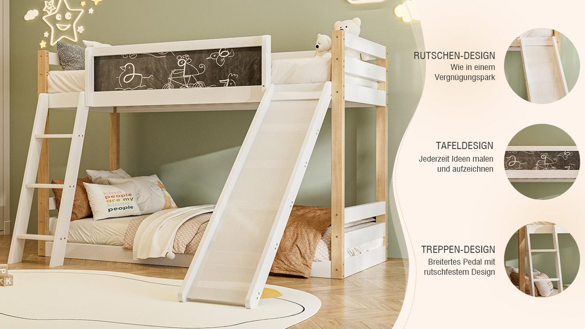 LVHOM Etagenbett mit Rutsche und Treppe, Hochbett 90x200/90x190cm mit Tafeln, Kinderbett aus Massivholz, Jugendbett Bettgestell, Weiß/Natur