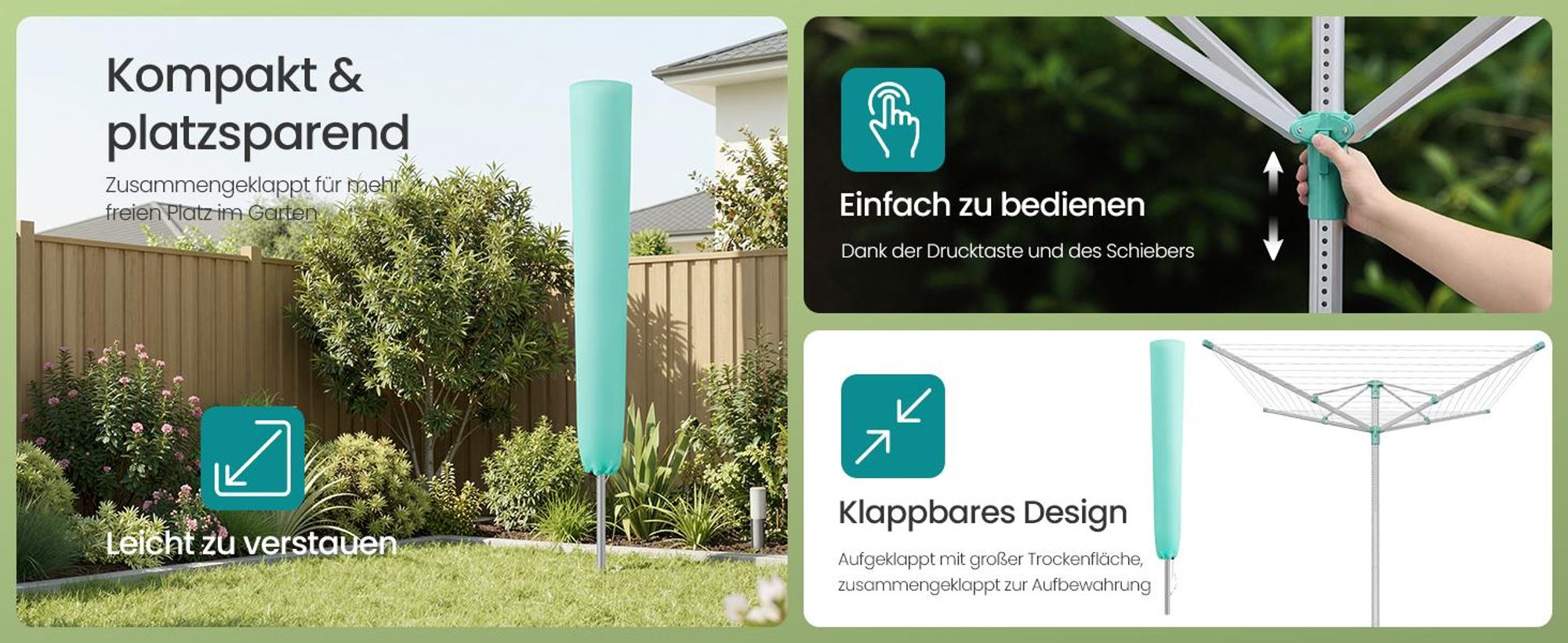 SONGMICS Wäschespinne, Wäscheständer, höhenverstellbar, 60 m Wäscheleine, für 6 Waschmaschinenladungen, Outdoor, Garten, mit Bodenhülse, Wäscheklammer