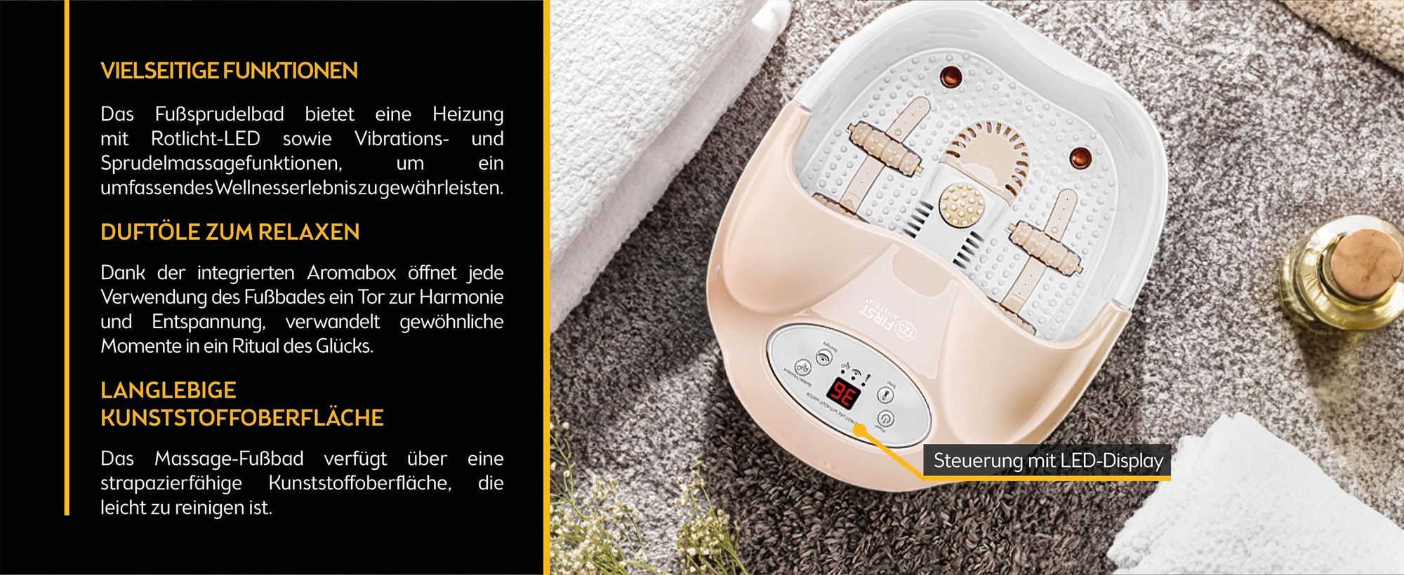 TZS First Austria - Fußsprudelbad 450W - Fußmassagegerät mit 2 Programme & 3 Aufsätze - Infrarot- und Heizfunktion