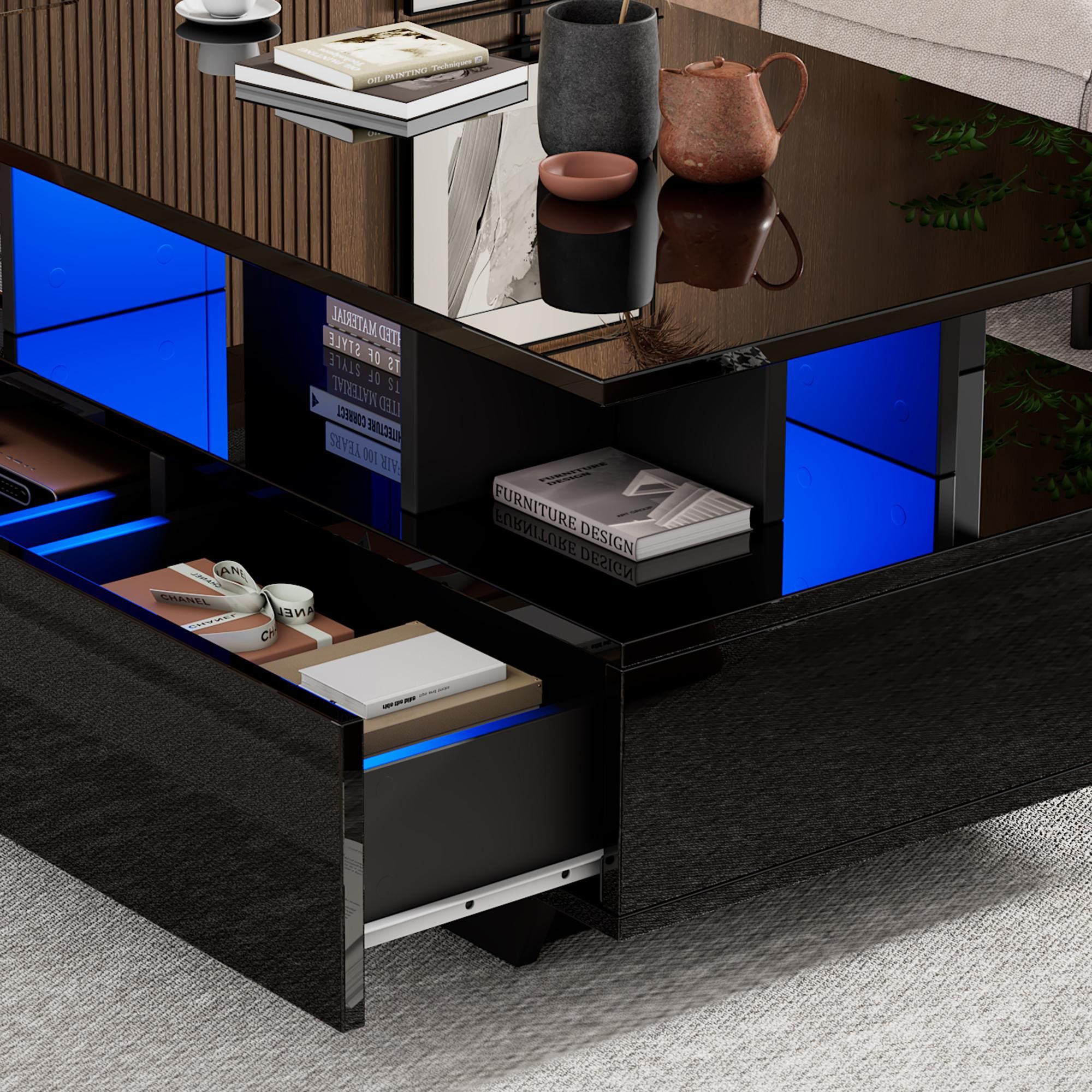 Merax Hochglanz-Couchtisch mit LED 90x55x41 cm, Beistelltisch mit 2 Schubladen, Sofatisch mit Stauraum und Fernbedienung – Schwarz