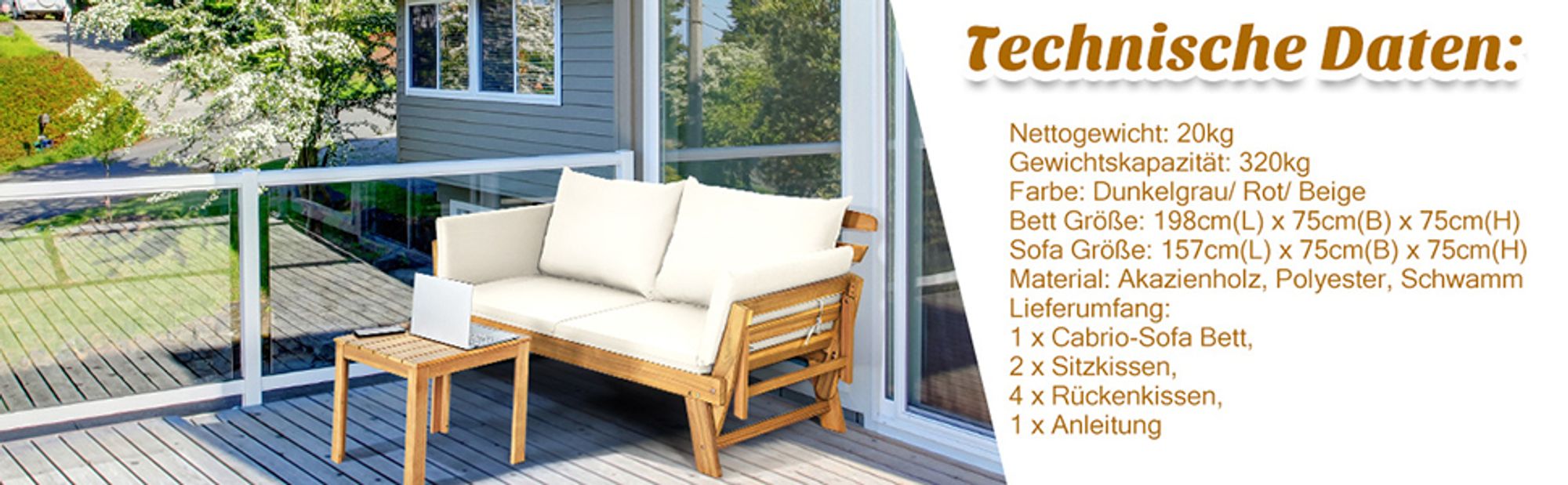 COSTWAY Gartenbank mit Liegefunktion, Gartensofa mit Auflagen und klappbaren Armlehne 198 x 75 x 75 cm Rot