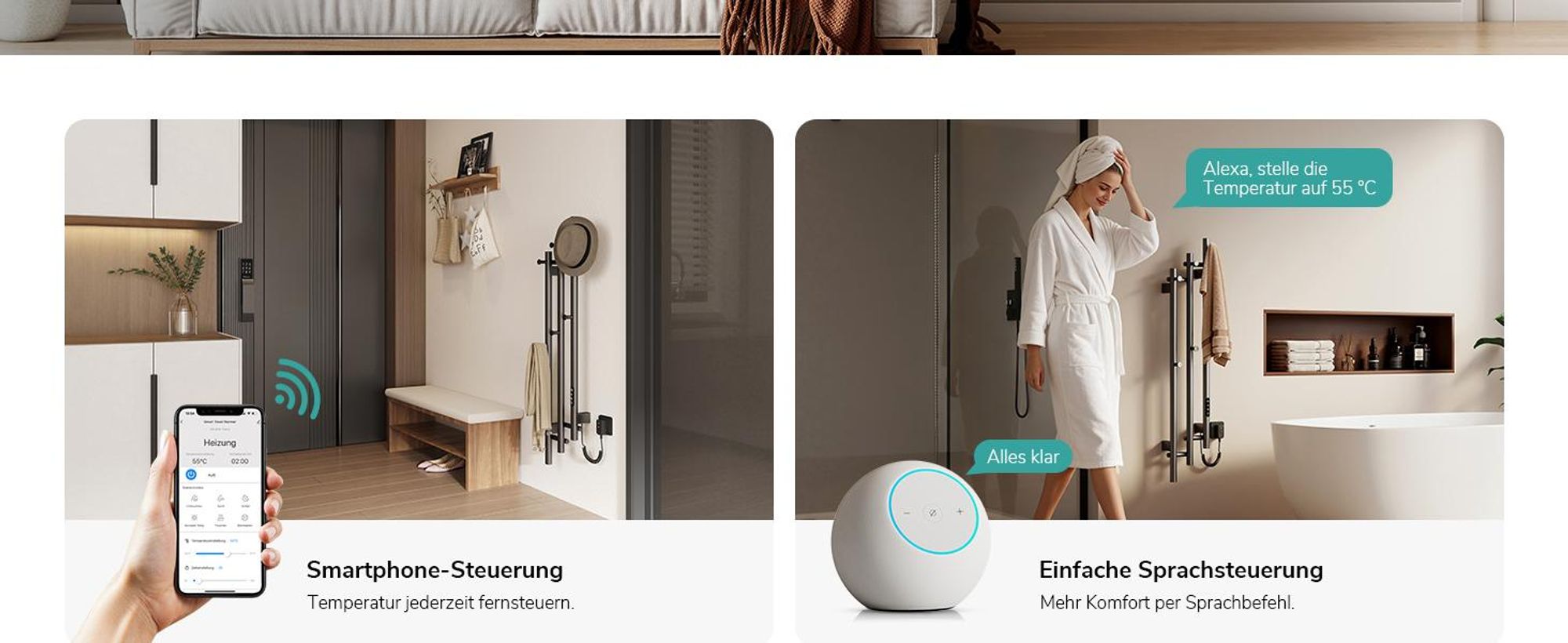 EMKE Elektrischer Handtuchheizkörper WLAN-App Steuerung mit Wochenprogramm LED Touchscreen Kompakt 3-Rohr Handtuchtrockner 115x21,6cm 220W Anthrazit