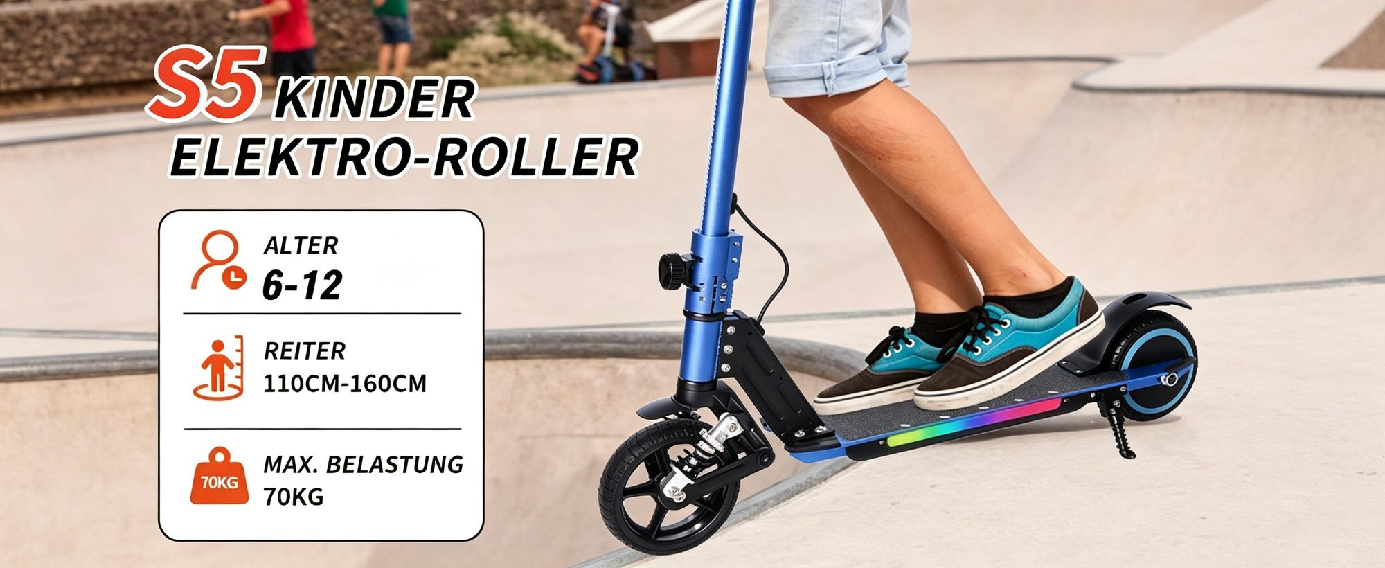 Elektroscooter S5 Blau Für Kinder mit bunten LED-Lichtern und Federdämpfung, Klappbar Elektroroller Max. Geschwindigkeit 14KM/H, Max. Belastung 70KG, E Roller Geschenk für Kinder und Jugendliche
