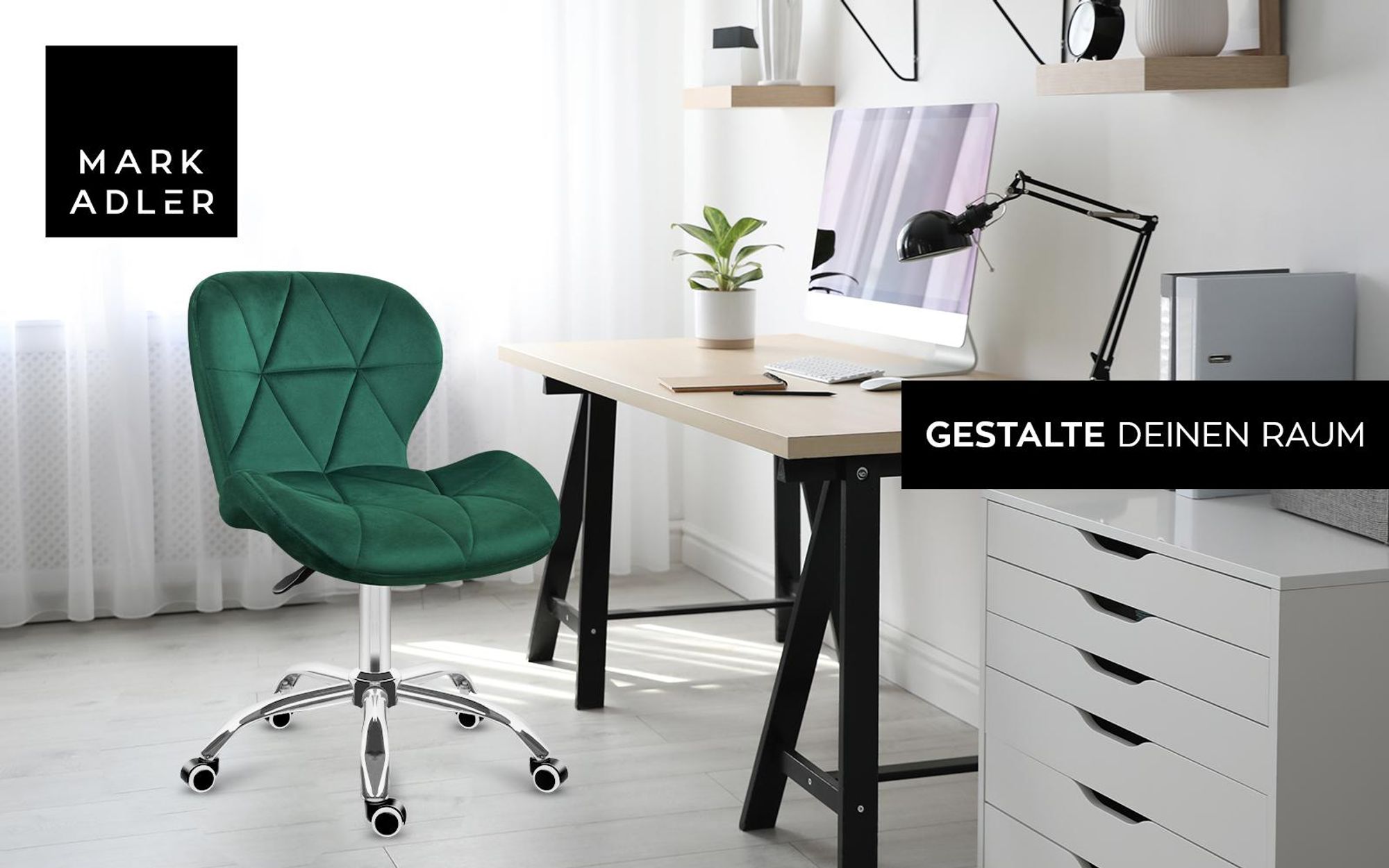 MARK ADLER Future 3.0 | Drehstuhl Bürostuhl Polsterstuhl | Höhenverstellbar bis 130 kg belastbar Samt Velours | Homeoffice Schminktisch | Grün