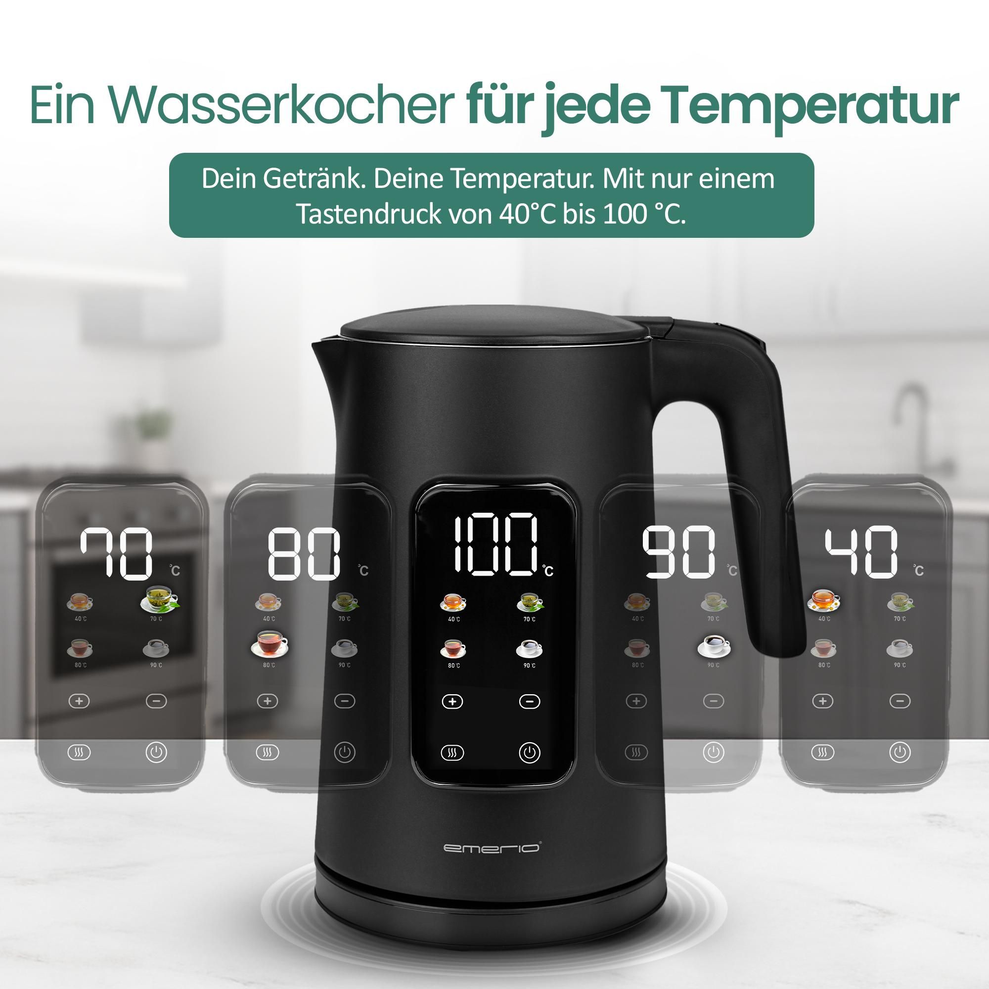 Emerio Wasserkocher mit Temperaturregelung 1,7 Liter – Touch-Bedienung – 360° drehbar – Warmhaltefunktion – 2200 W – WK-132229 – Schwarz