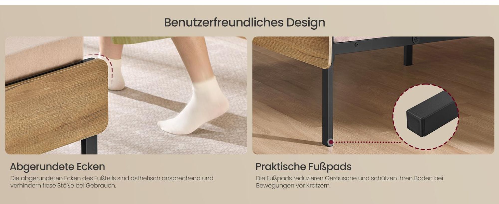 VASAGLE Einzelbettgestell, 120 x 200 cm, mit LED-Leuchten, USB-A- und USB-C-Anschluss, Stauraum unter dem Bett, naturbraun