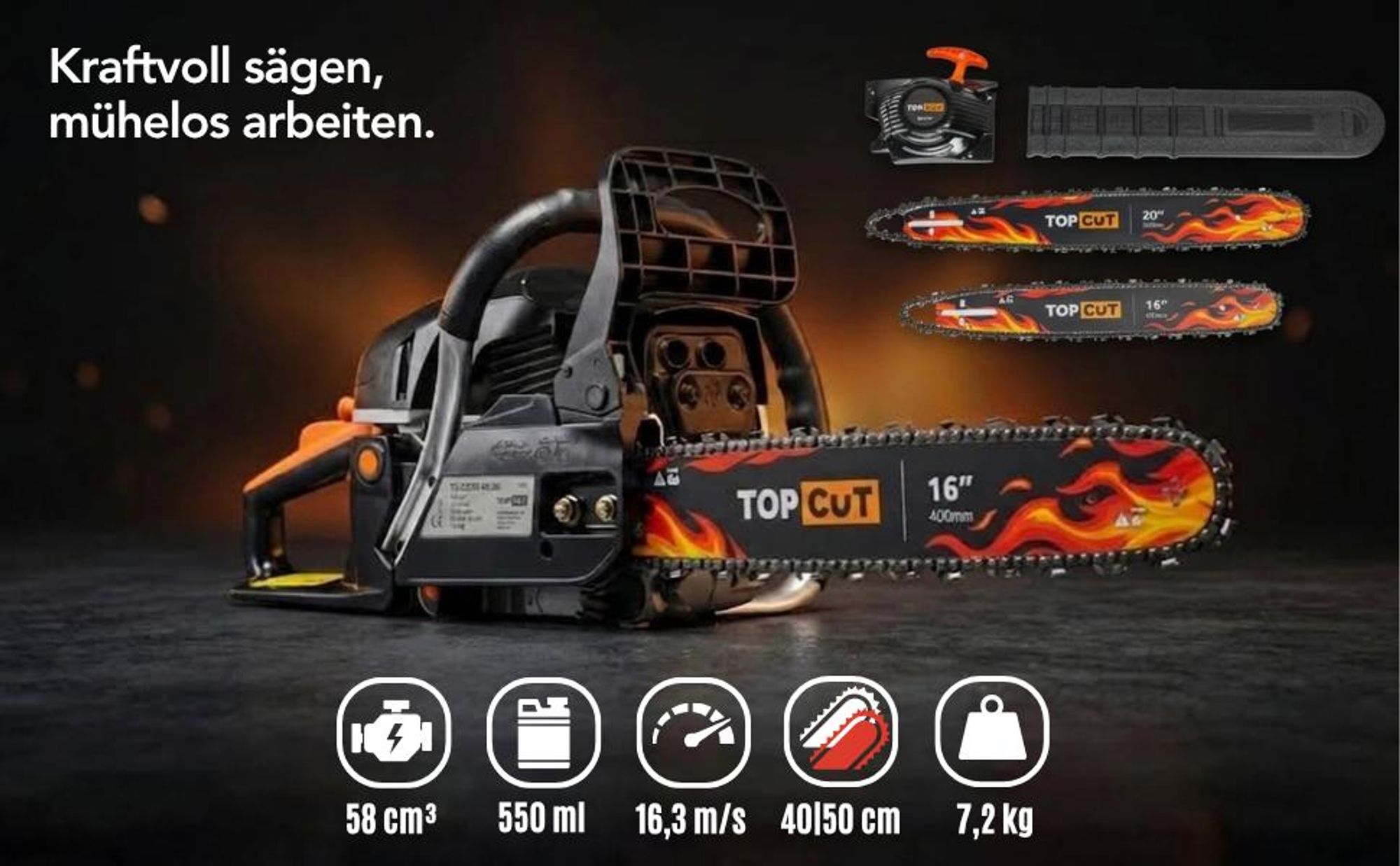TOP CUT TC-CS58 Benzin Kettensäge Motorsäge 5,7 PS | 58 ccm | 2 Schwerter 40 & 50 cm | 2 Ketten | Easy Start Seilzug | XXXL Zubehör Set