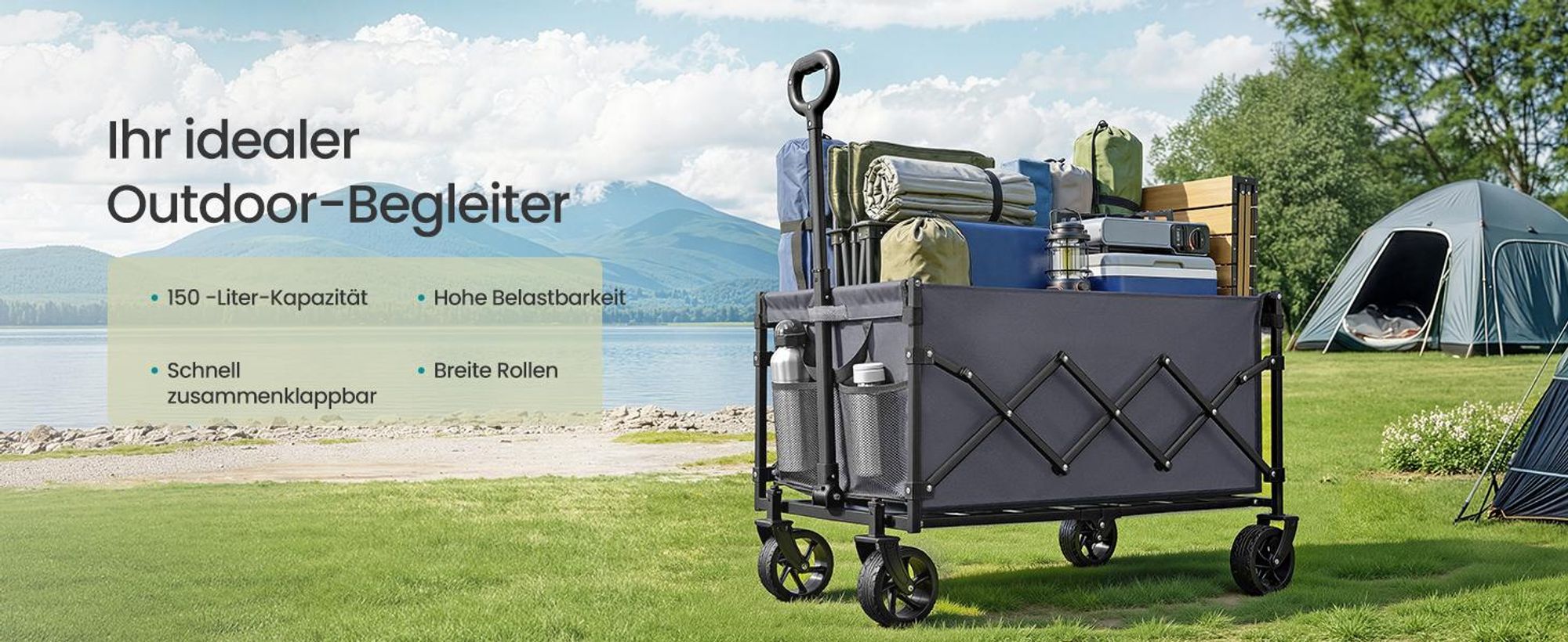 SONGMICS Faltbarer Bollerwagen, Transportwagen mit Griff, 4 verstärkte Rollen, 150 L, Outdoor, bis 150 kg, Garten, dunkelgrau