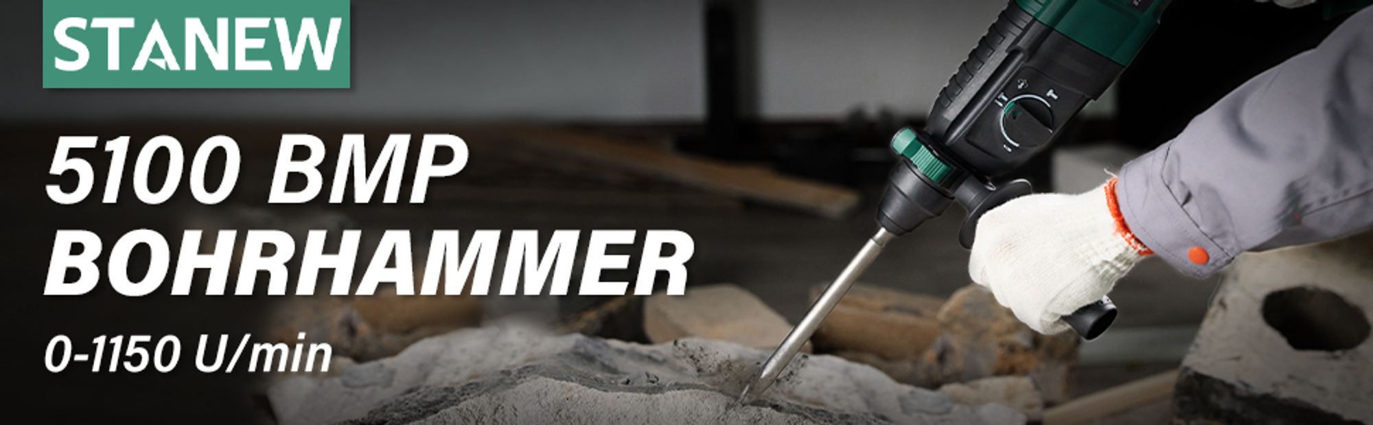 STANEW Bohrhammer 950 W SDS Plus, 0–1150 U/min/5100 BPM, Bohrmaschine mit 4 Funktionen & Sicherheitskupplung, Kabelgebundener Stemmhammer mit variable Geschwindigkeit, Beton, Stahl, Holz