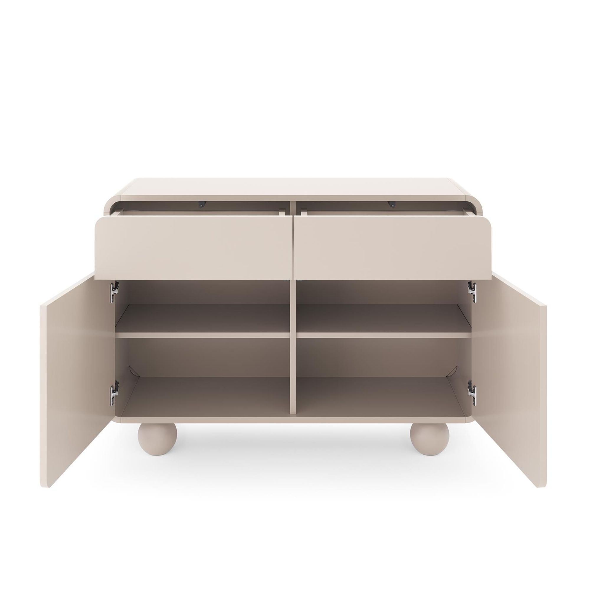 BETTSO Elegante Kommode ALVION 108 cm – Minimalistische Kommode mit Push-to-Open-System und kugelförmigen Beinen in Kaschmir