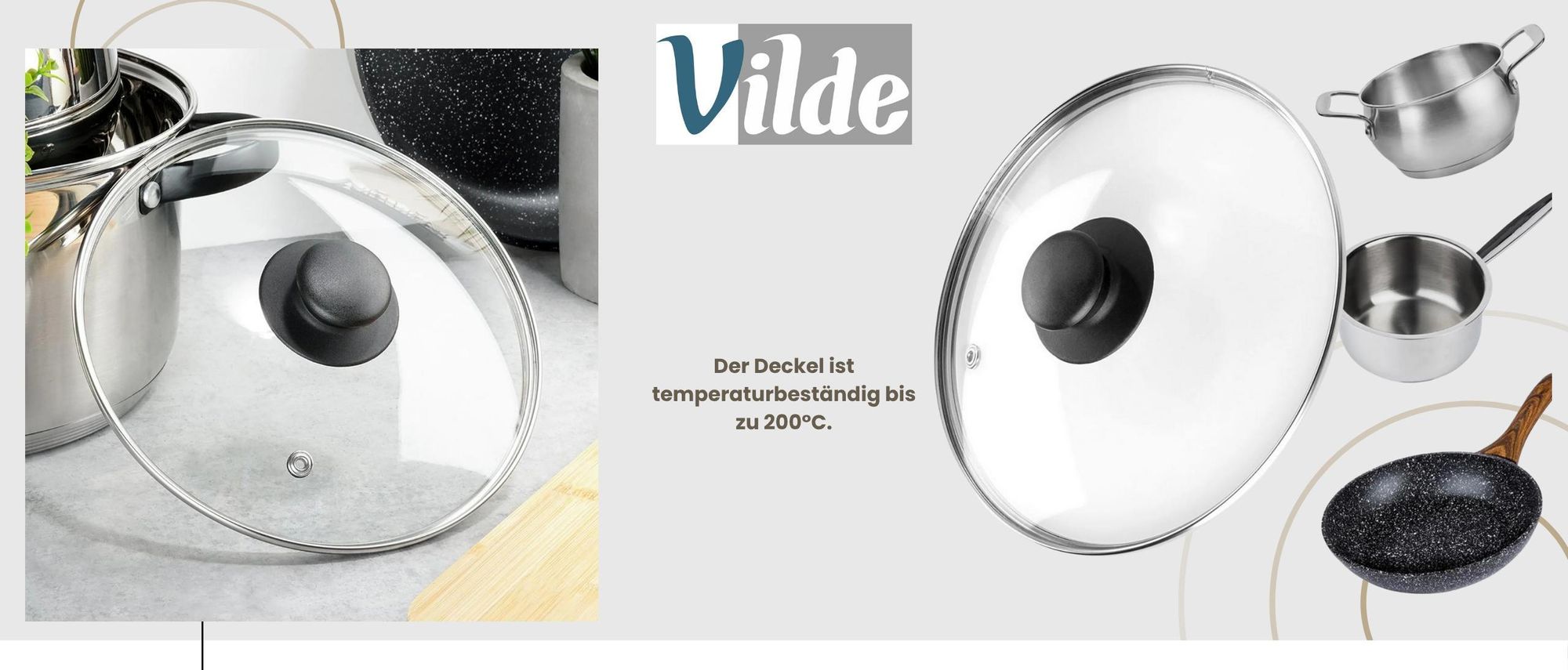 Vilde, Glasdeckel, Edelstahlring, Edelstahldeckel, Hitzebeständiges Glas, Universaldeckel, Dampfloch
