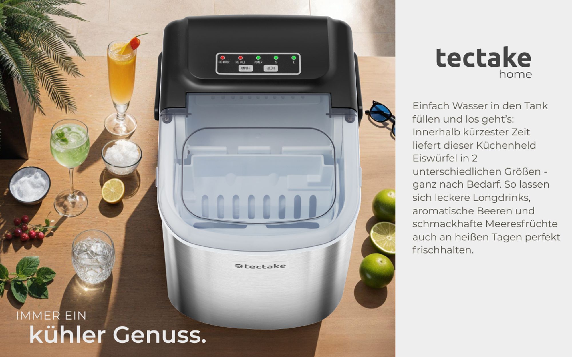 tectake® Eiswürfelmaschine Arctic 1,2 l Wassertank, 2 Eiswürfelgrößen