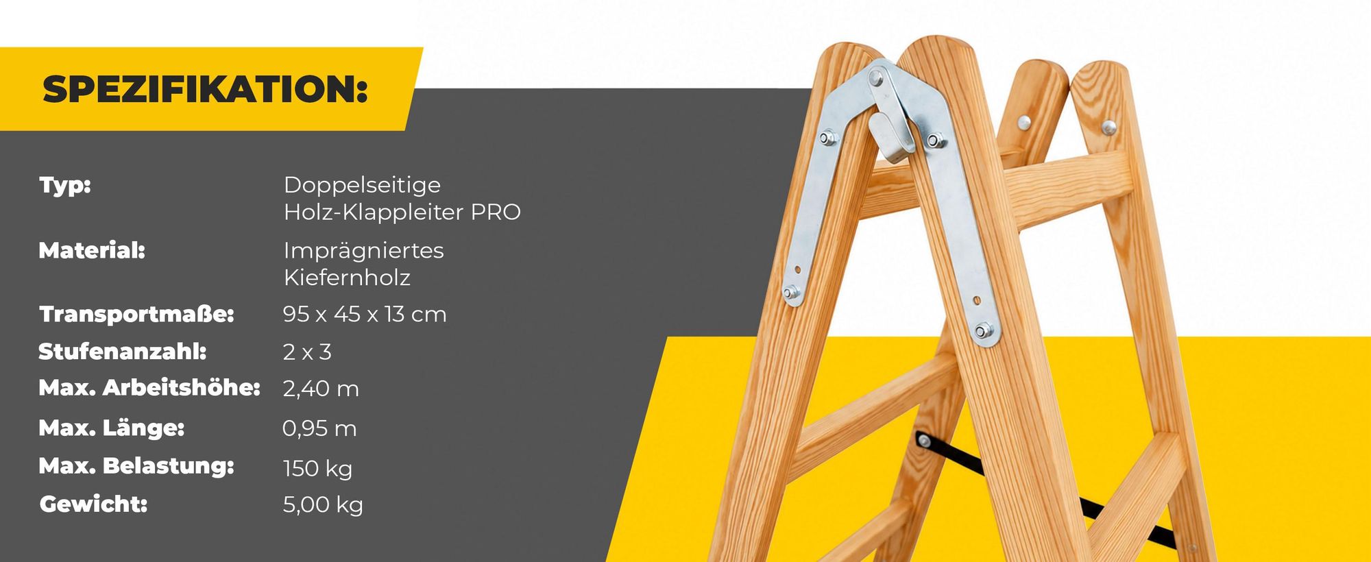 DRABEST | Leiter - PRO Serie - Malerleiter Holz - Holzleiter - 2 x 3 Stufen - Zweiseitige Klappleiter - Haushaltsleiter -  bis 150 kg belastbar