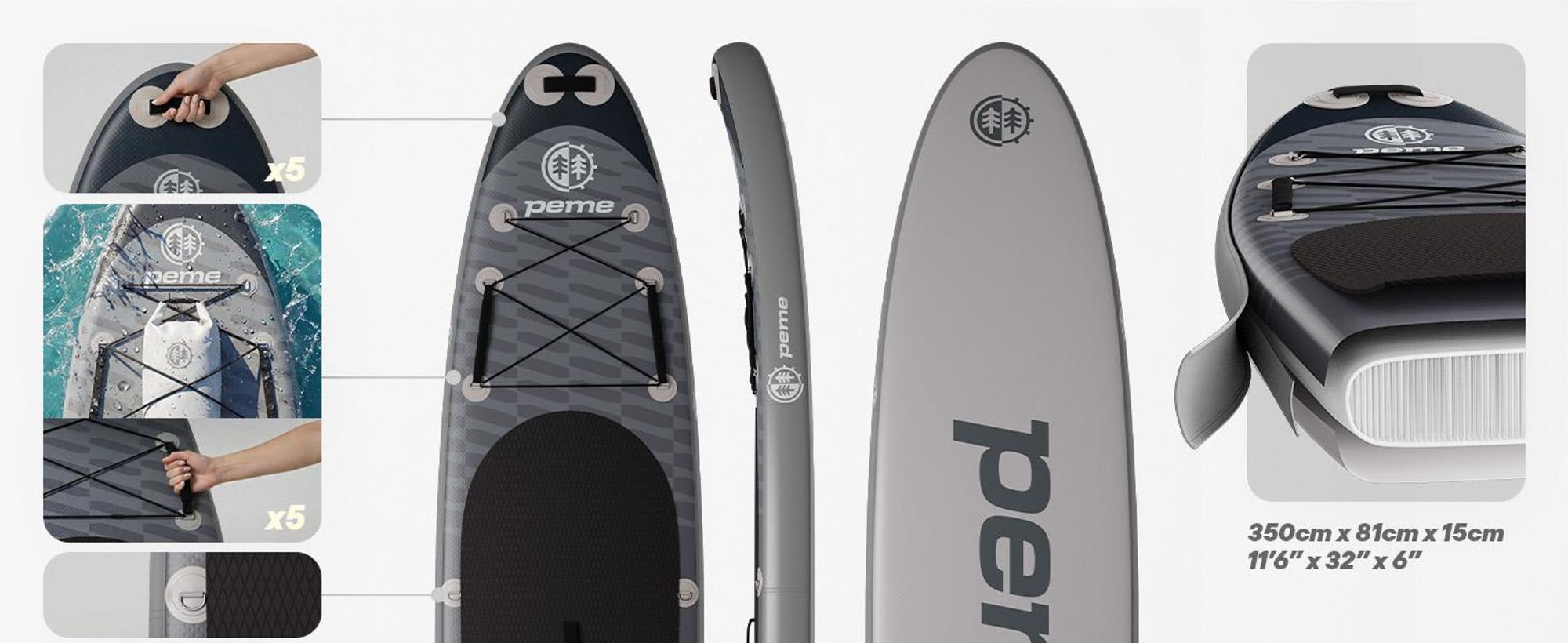 PEME Stand Up Paddle Board - Dark Sky - 350 cm - Dopple Paddel und komplette Zubehöre, SUP, Surfboard aufblasbar- Grau & Schwarz