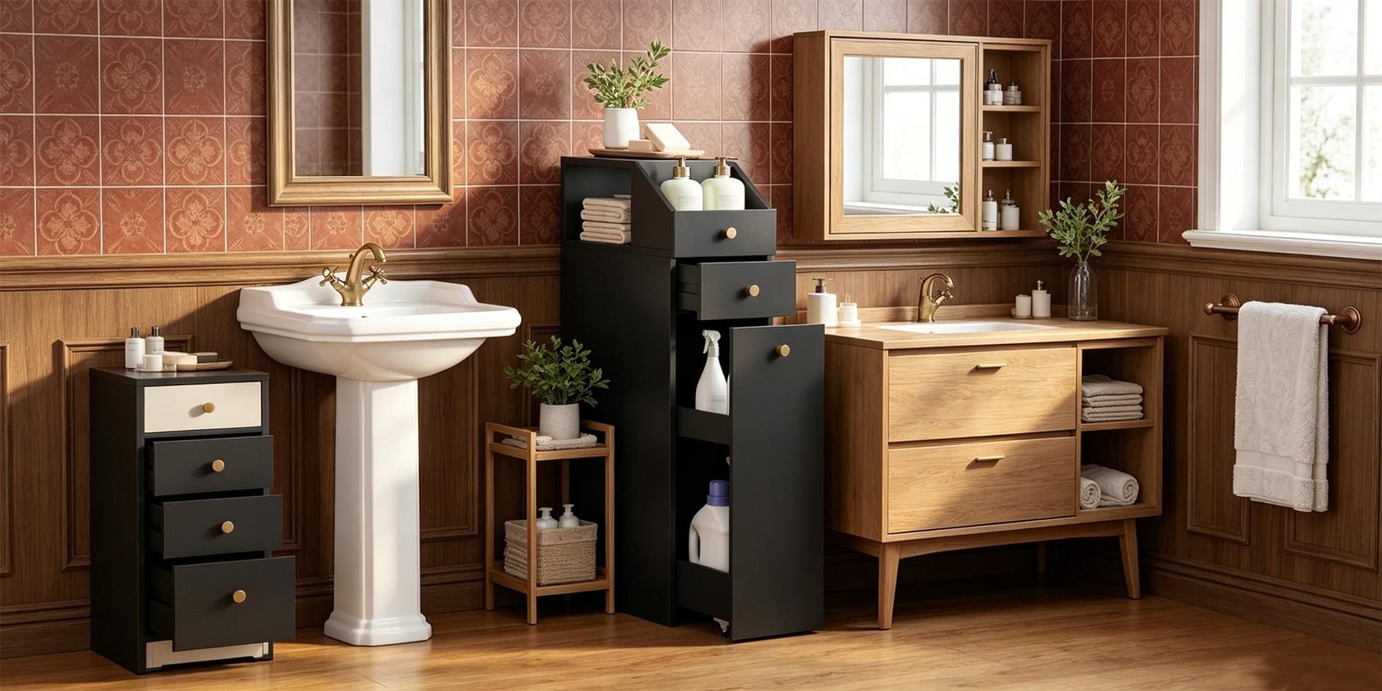 Badezimmer-Nischenschrank schmal, 40x20x80 cm, Schwarz, Schubladen auf Rollen, Toilettenschrank, platzsparend