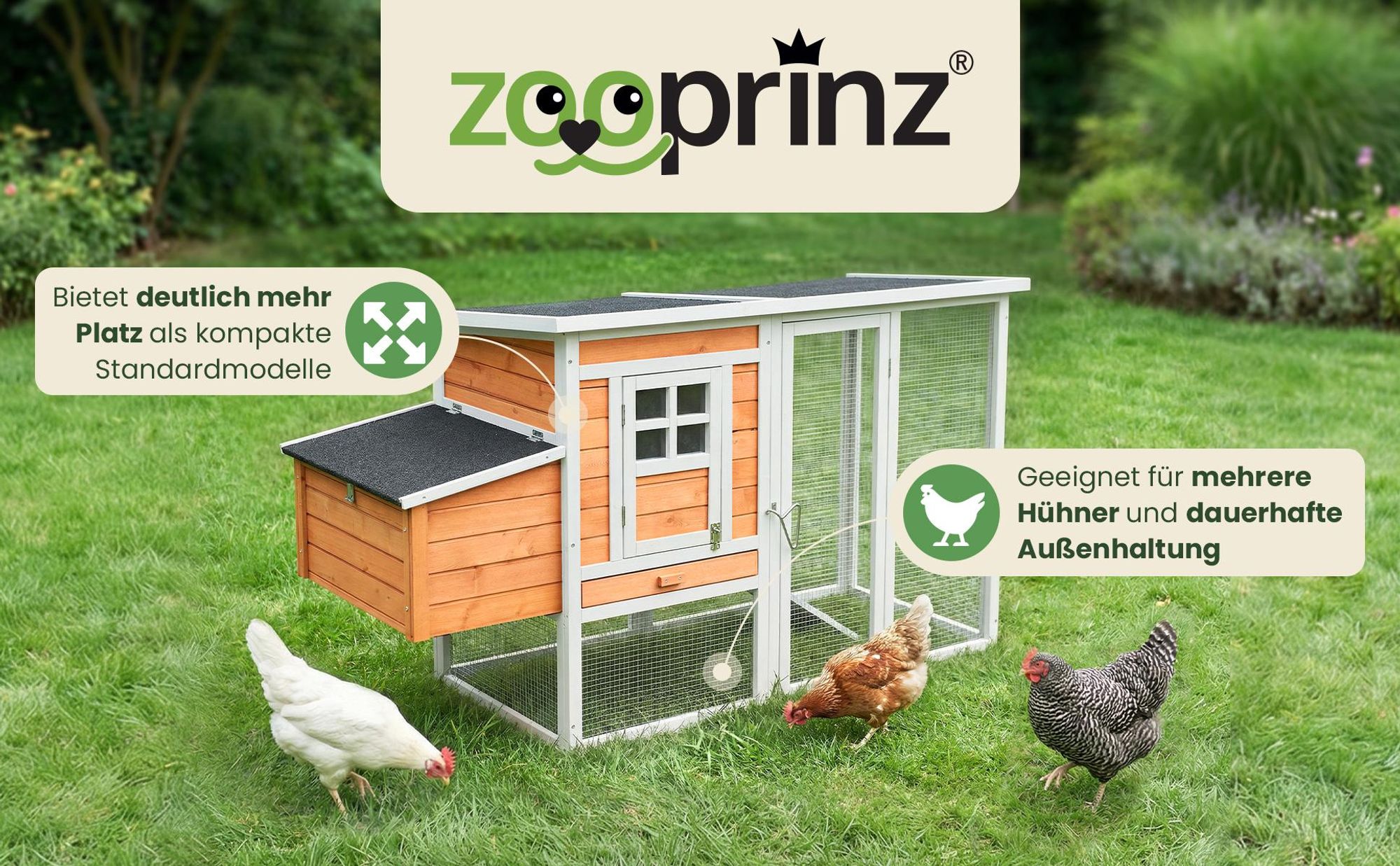 Hühnerstall Hühnerhaus Hühnervoliere XXL zooprinz Ida | Wetterfest & Winterfest | 162 x 103 x 75 cm | Klappdach | Nistkasten