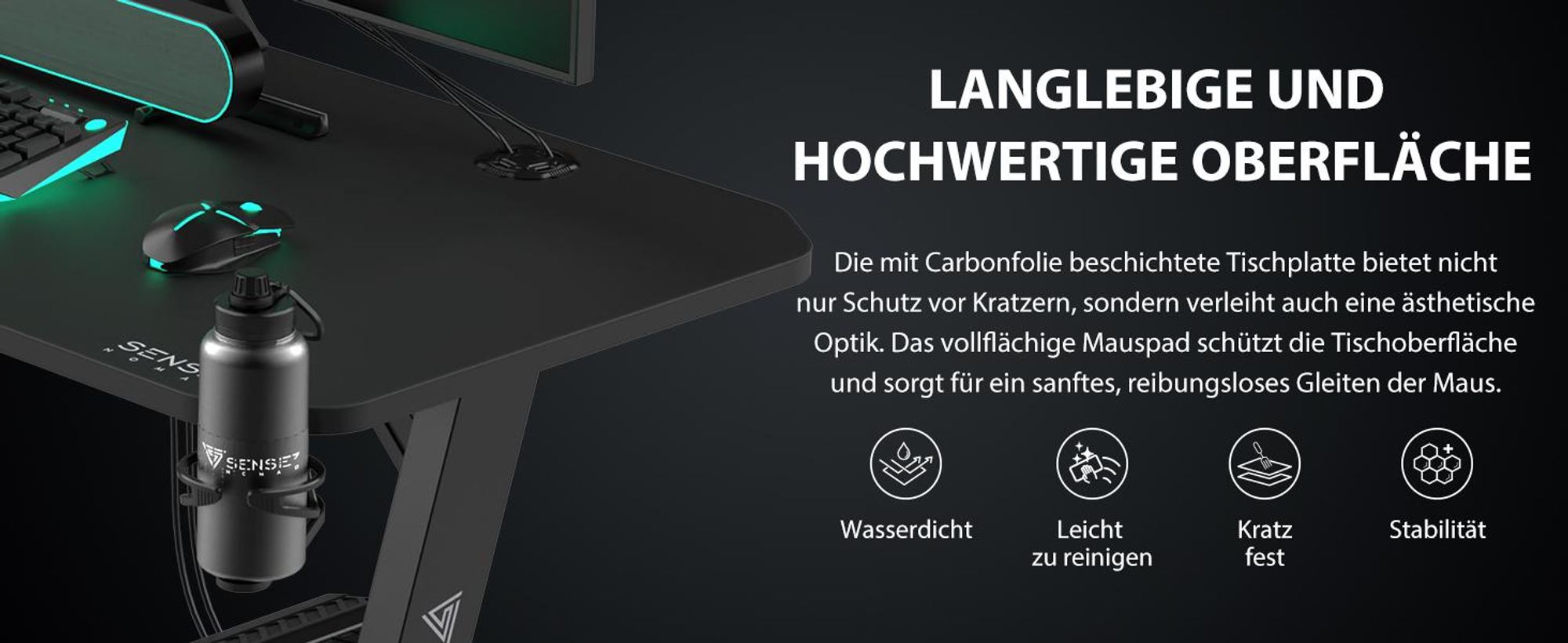 SENSE7 Bureau Nomad Cybernetic, gamingtafel 120 x 60 cm, pc-tafel met hoofdtelefoonhaak, bekerhouder, controllerhouder, gaming computertafel met koolstofvezeloppervlak, ergonomische gamingbureau