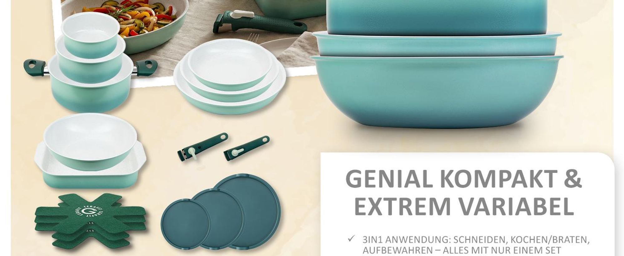 Genius Cerafit Revolution Vario Pfannenset Kochgeschirr Set 27-tlg., Keramikbeschichtung, abnehmbare Griffe, Topfsets, Induktion geeignet,backofenfest