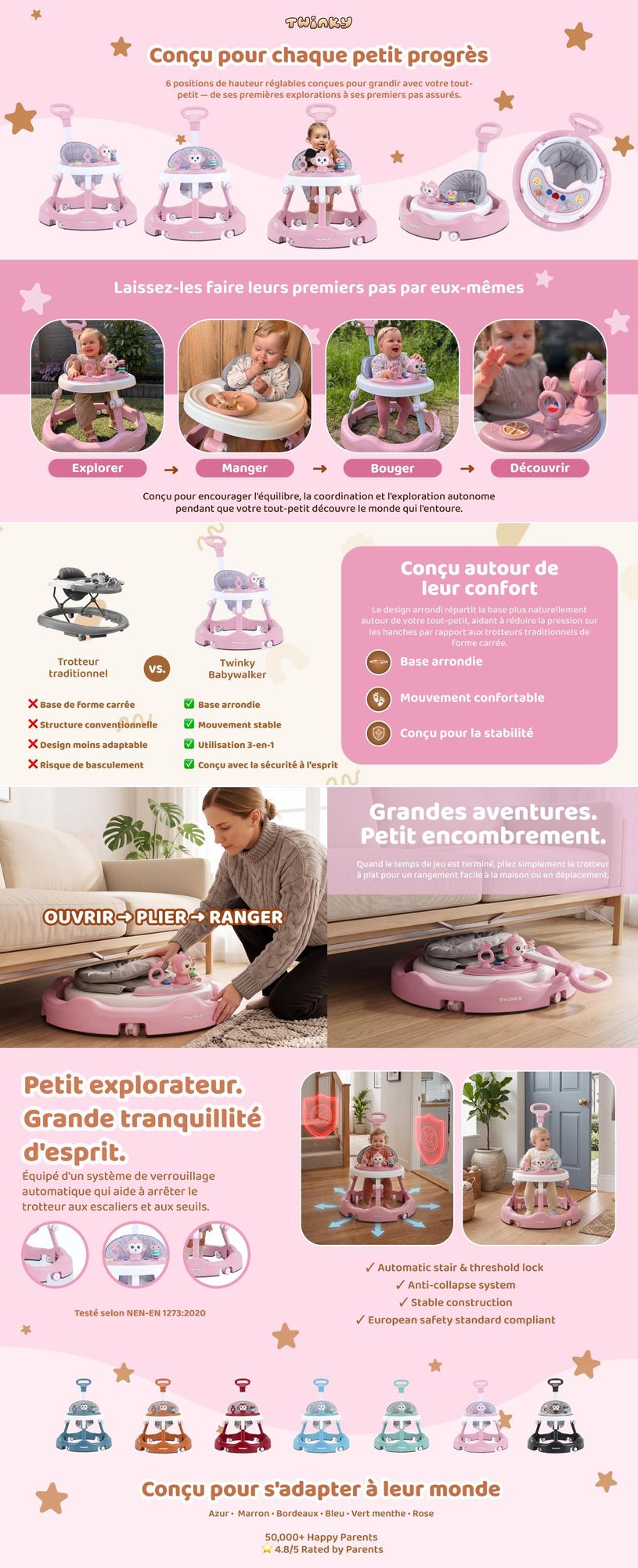 Trotteur Twinky® rose | Trotteur avec ensemble de jeux et accessoires pour un apprentissage ludique et en toute sécurité |  avec tapis de sol et poignée