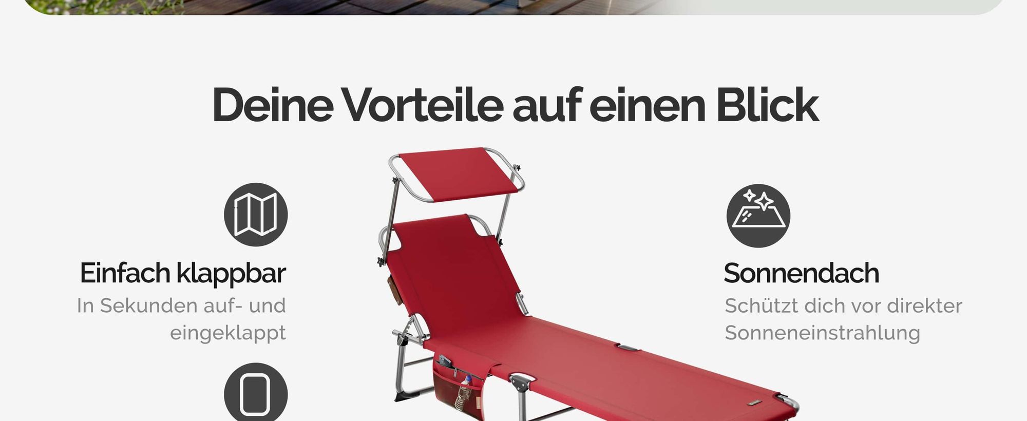 CASARIA® Sonnenliege Klappbar Wetterfest Gartenliege Mit Dach 150kg Belastbar Seitentasche Tragegriff  Alu Liegestuhl Leicht Klappliege Camping Rot