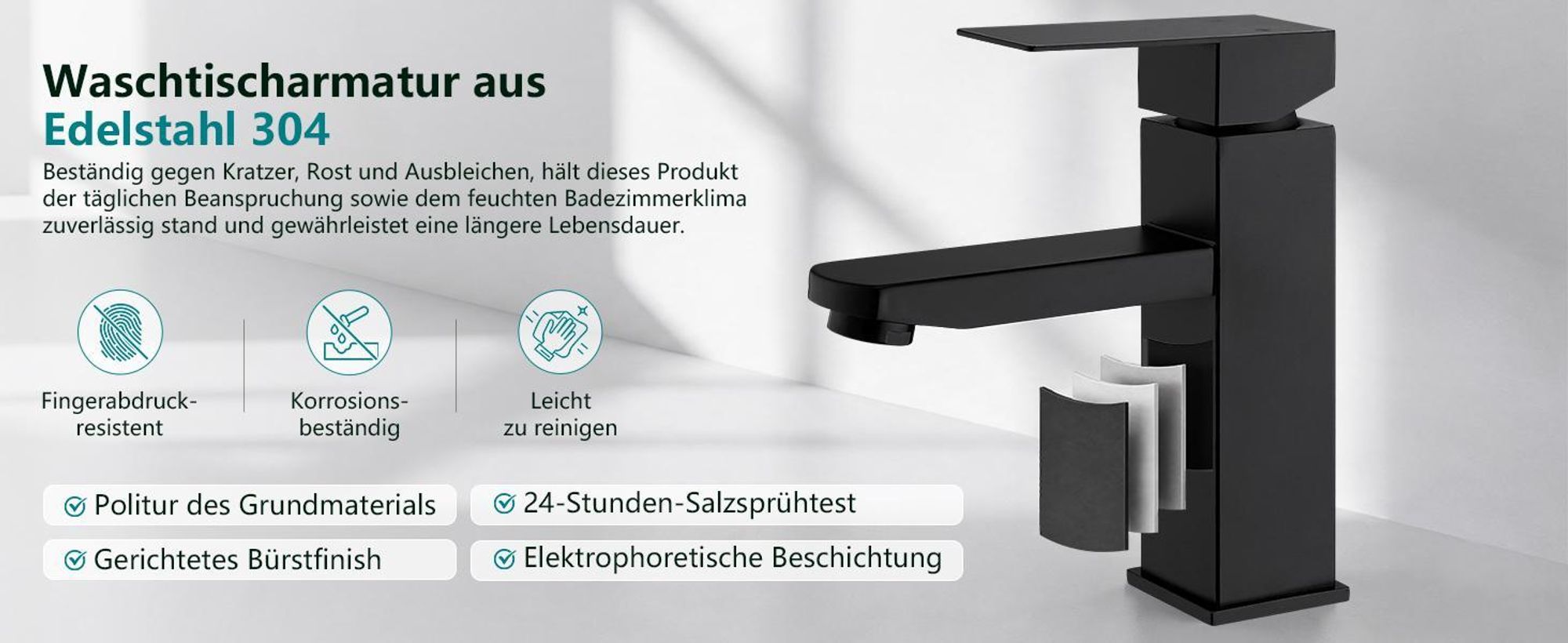 Homelody Wasserhahn Bad Schwarz Edelstahl mit Pop-Up Ablauf Edelstahl, Waschtischarmatur Badarmatur mit Ablaufgarnitur 1 1/4 Zoll Waschbecken Armatur