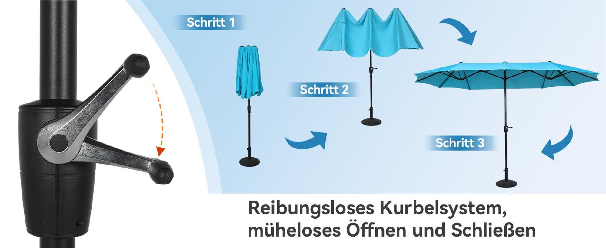Puluomis Sonnenschirm 400 x 200 x238cm UPF 50+ mit Kurbel ohne Ständer Balkonschirm Strandschirm Marktschirm Gartenschirm Blau